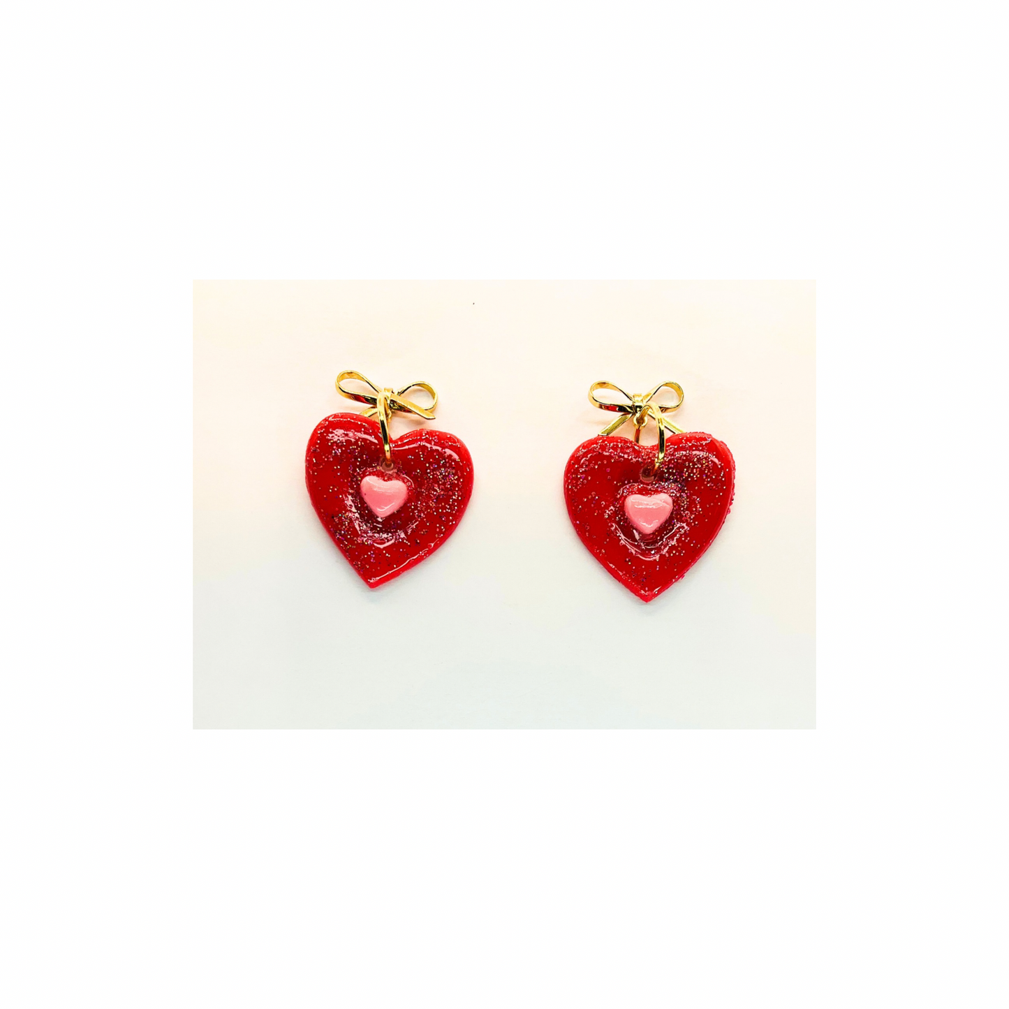 Red Heart with Pink Heart and Gold Bow Stud Dangle Earring