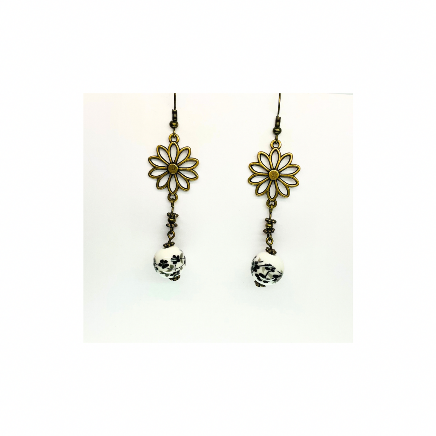Porcelain Bead Collection Daisy Bronze Dangle Earrings with Floral Design and Porcelain Beads