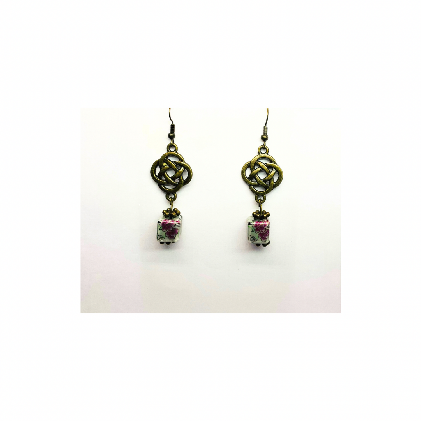 Porcelain Bead Collection Square Bead Dangle Earrings with Floral Design for Female Jewelry Accessories