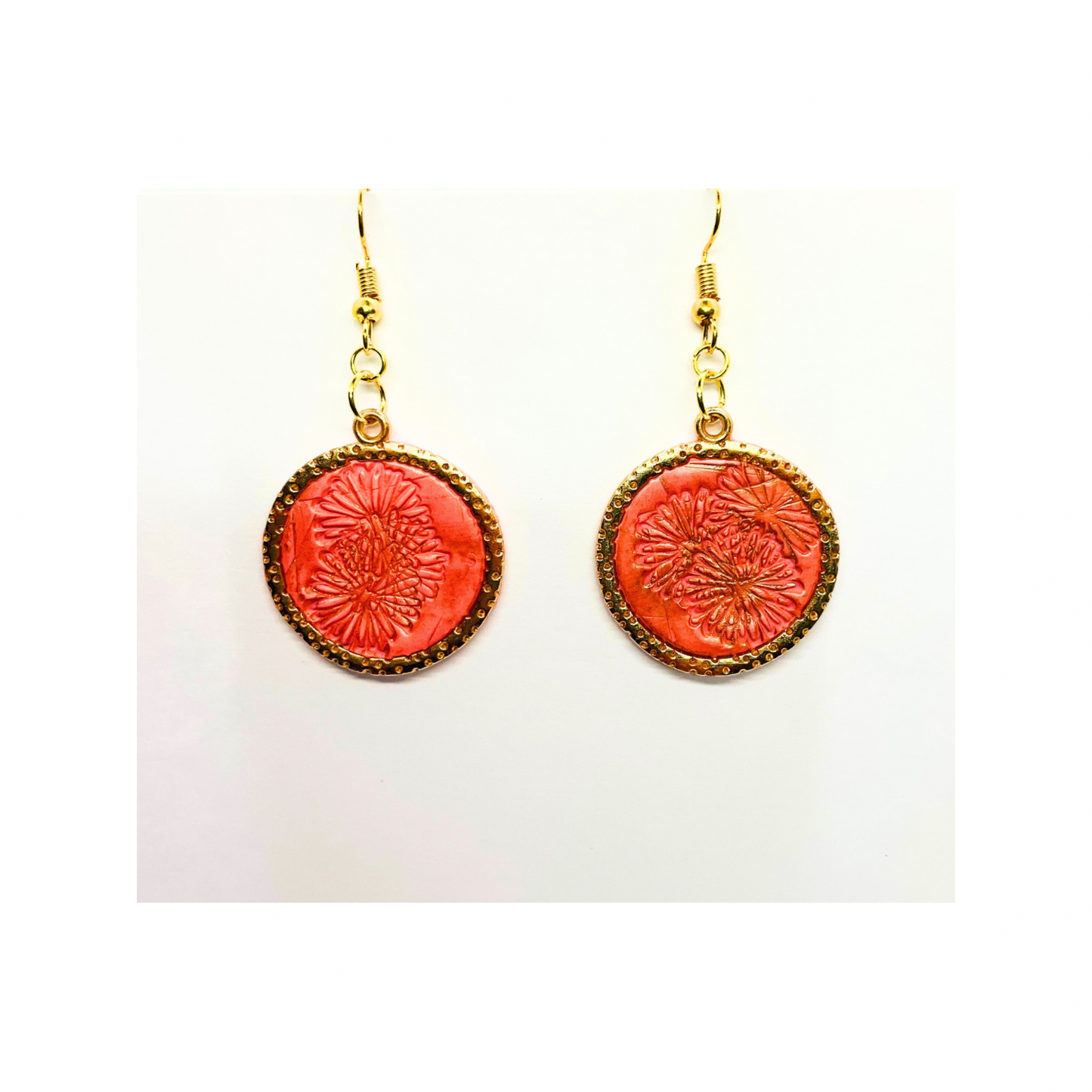 Coral Pink and Gold Round Dangle Earrings