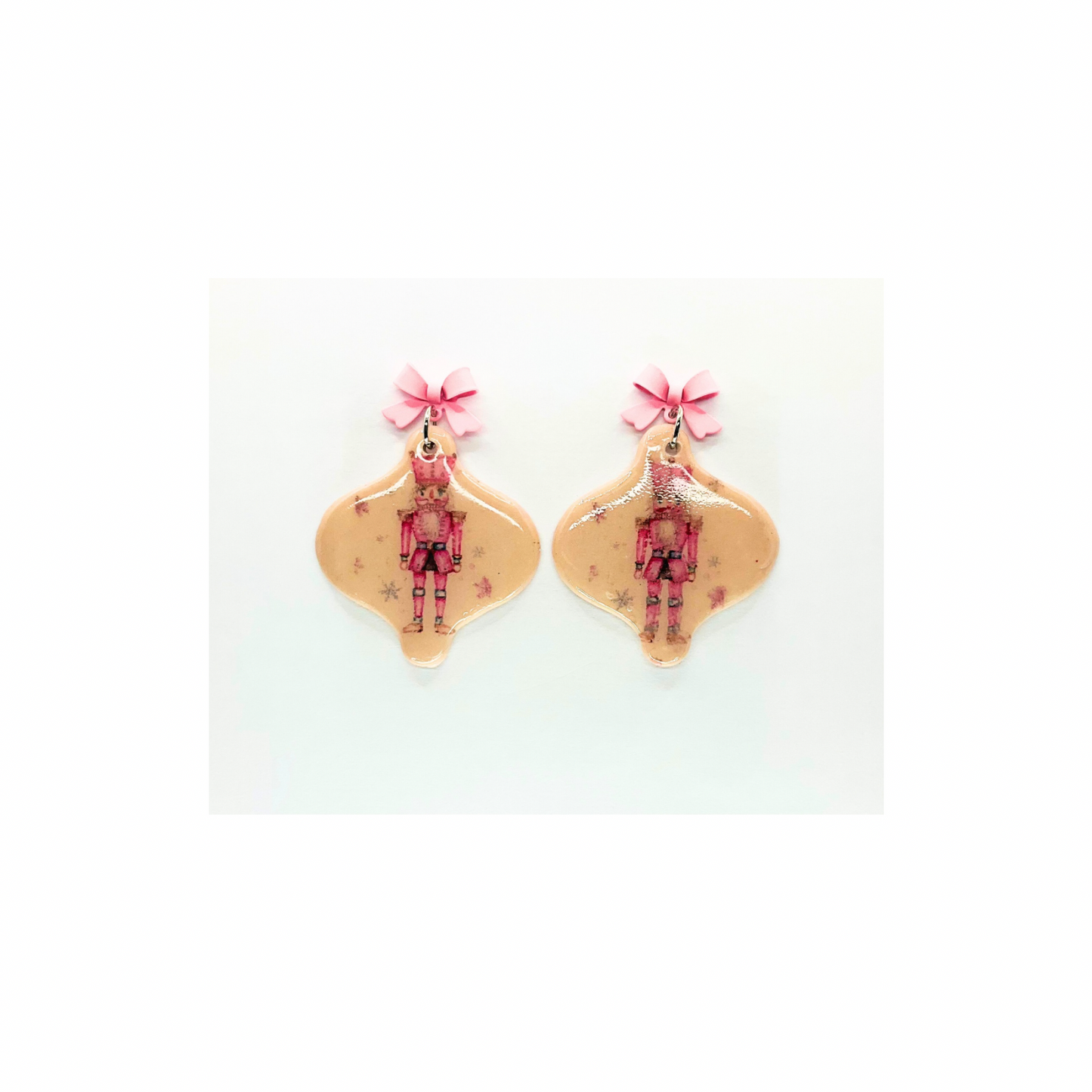 Nutcracker Ornament Dangle Earrings with Pink Bow Stud