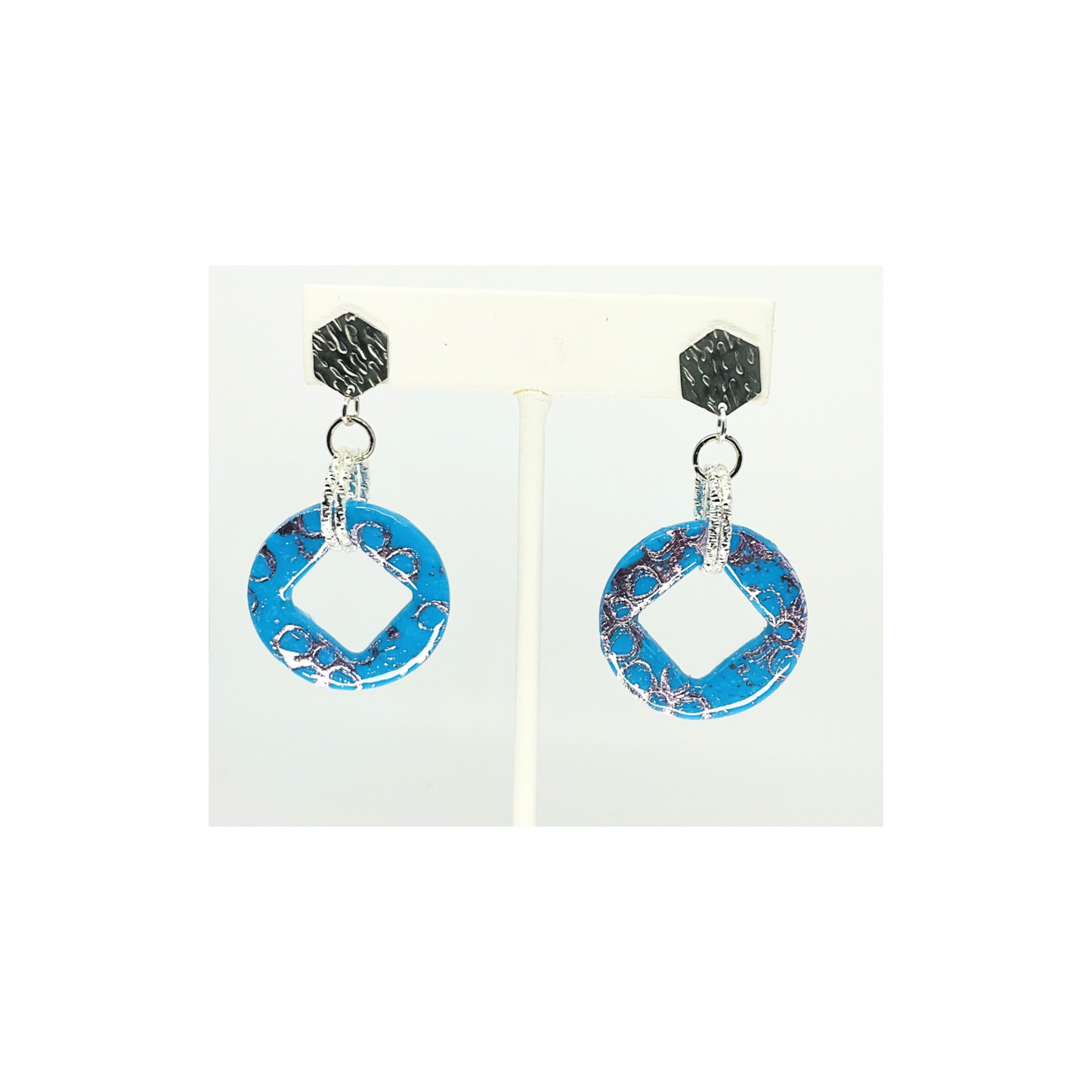 Azure Blue and Purple with Silver Hexagon Stud Dangle Earring-Crafting By BB