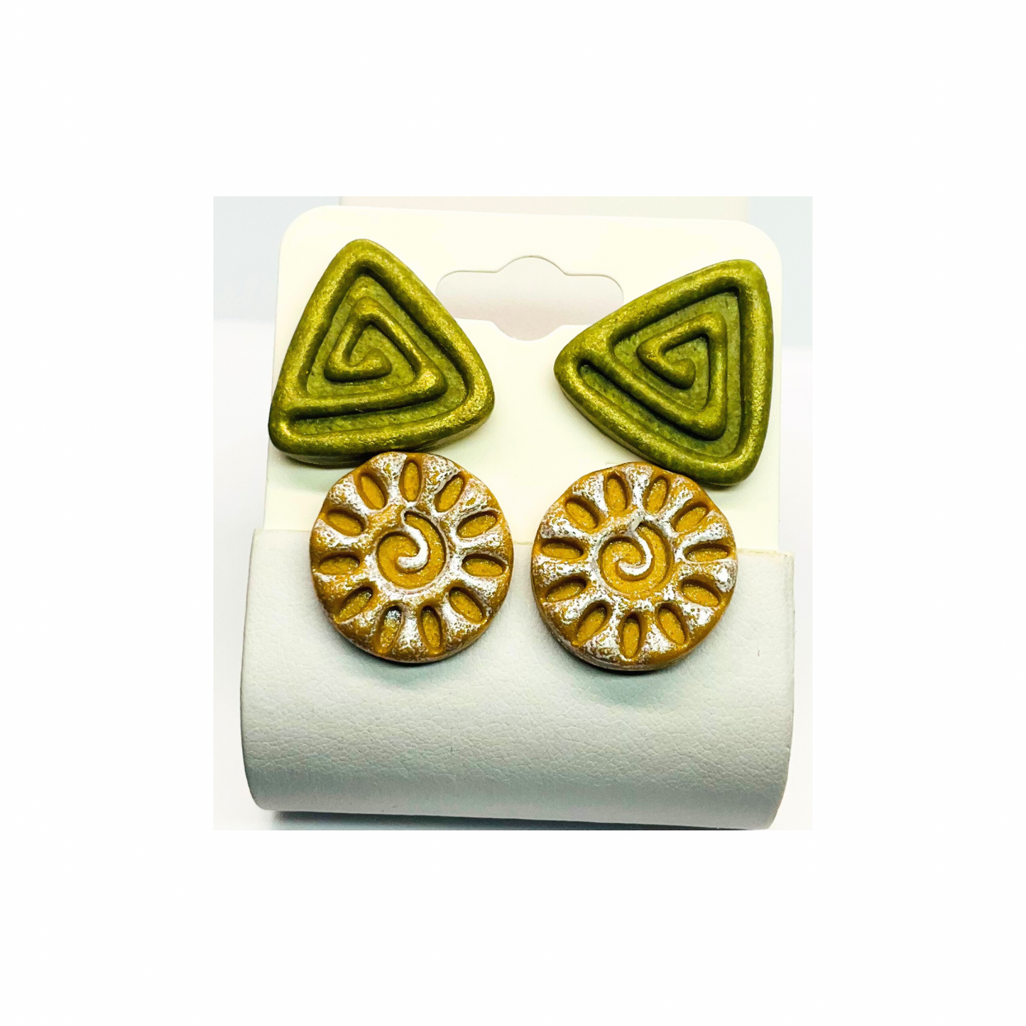 Stud Earrings in Green and Yellow with Accents of Silver and Gold