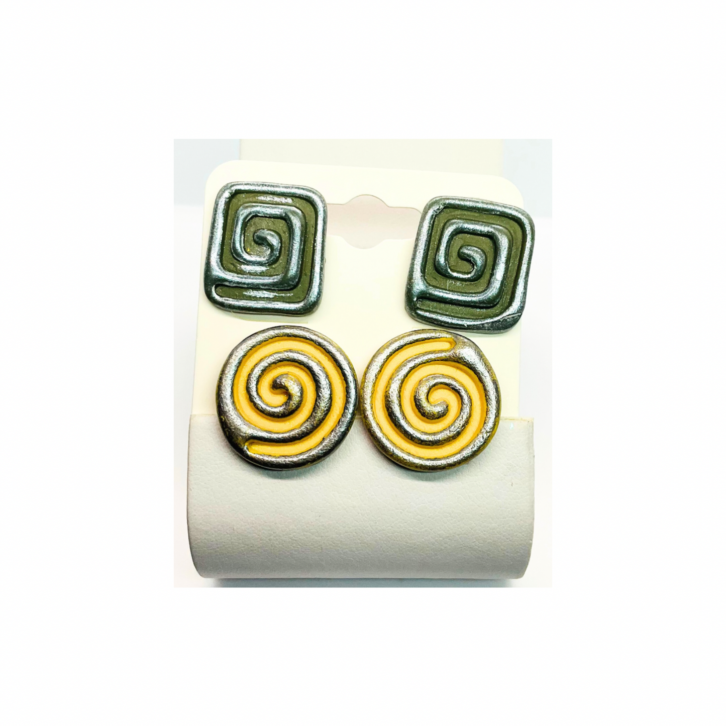 Swirl Stud Earrings in Army Green and Yellow with Silver Accents