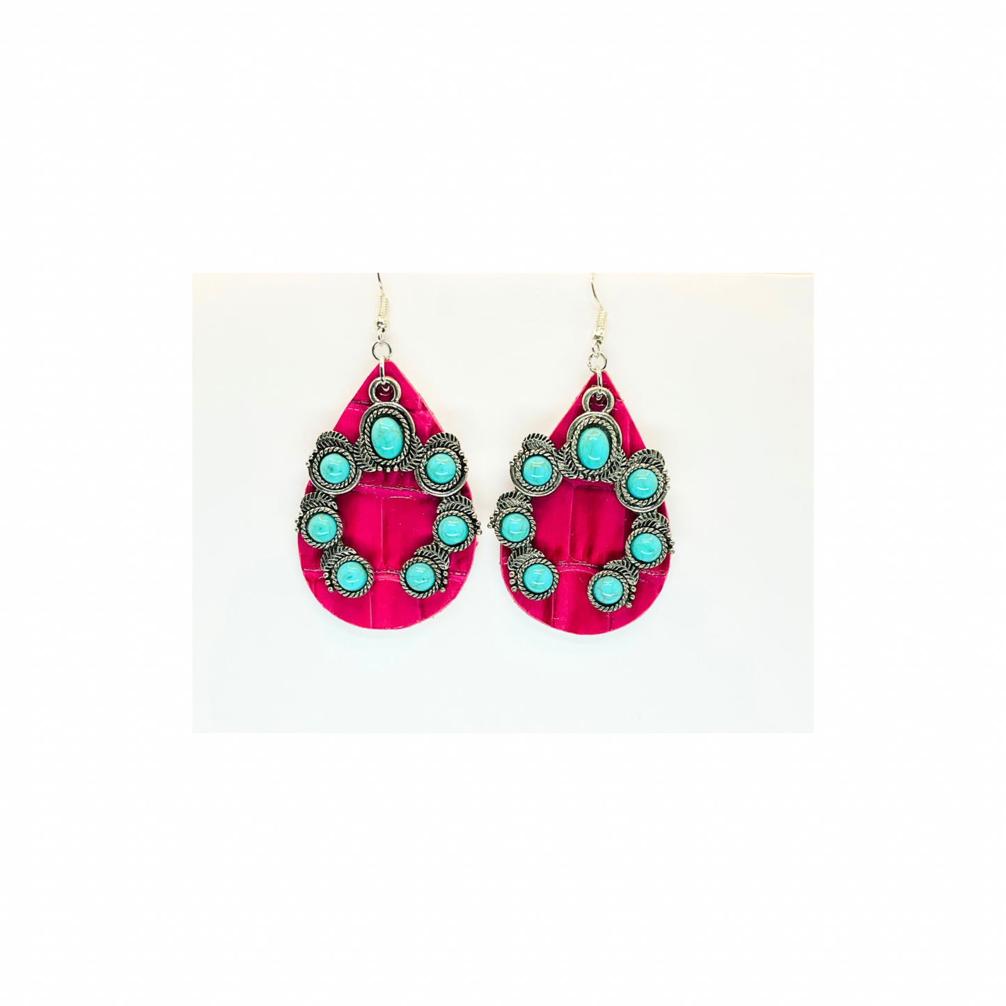 Hot Pink Leather Teardrop with Horseshoe Turquoise Shaped Charm Earrings-Crafting By BB
