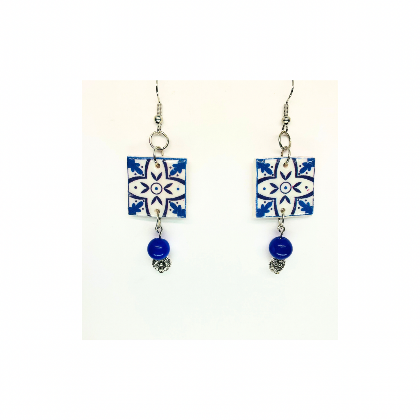 French Garden Collection Blue White Ceramic Tile Earrings with Blue Bead Dangle for Women Elegant Design Versatile Stylish Accessory