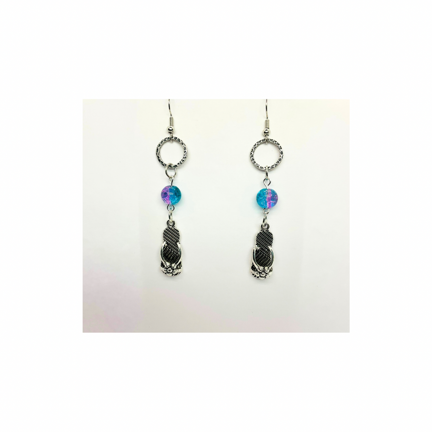 Ocean Collection Silver Flip Flops with Crystal Ocean Bead Dangle Earring - Unique Design Earrings