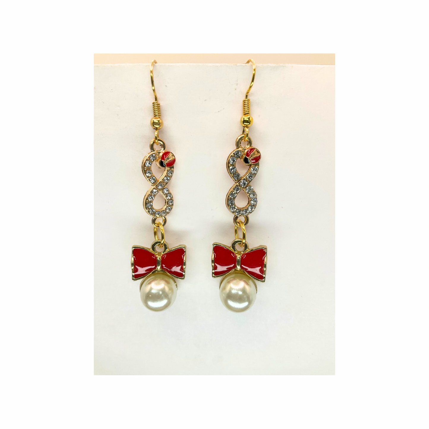 Red Bow with Pearl and Ladybug Rhinestone Dangle Earrings