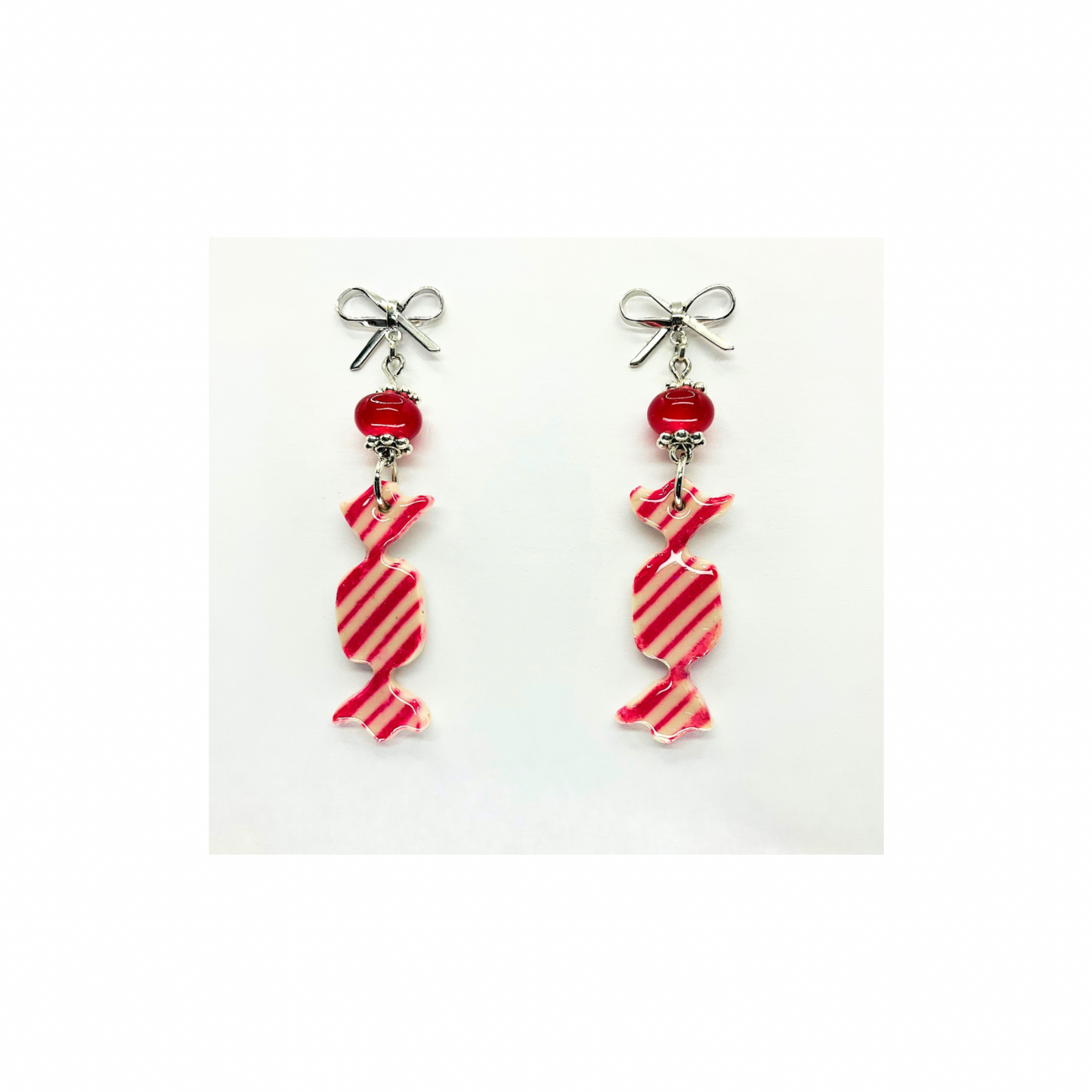 Wrapped Red Striped Candy Dangle with Red Bead and Silver Stud Earrings