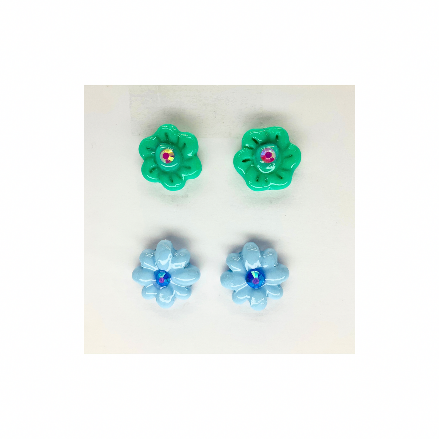 Blue and Green Flower Studs with Rhinestone Earrings-Crafting By BB