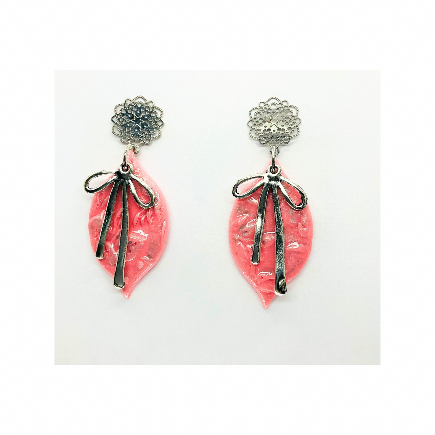 Pink Ornament with Silver Bow and Filigree Stud Dangle Earrings for Women's Fashion Accessories