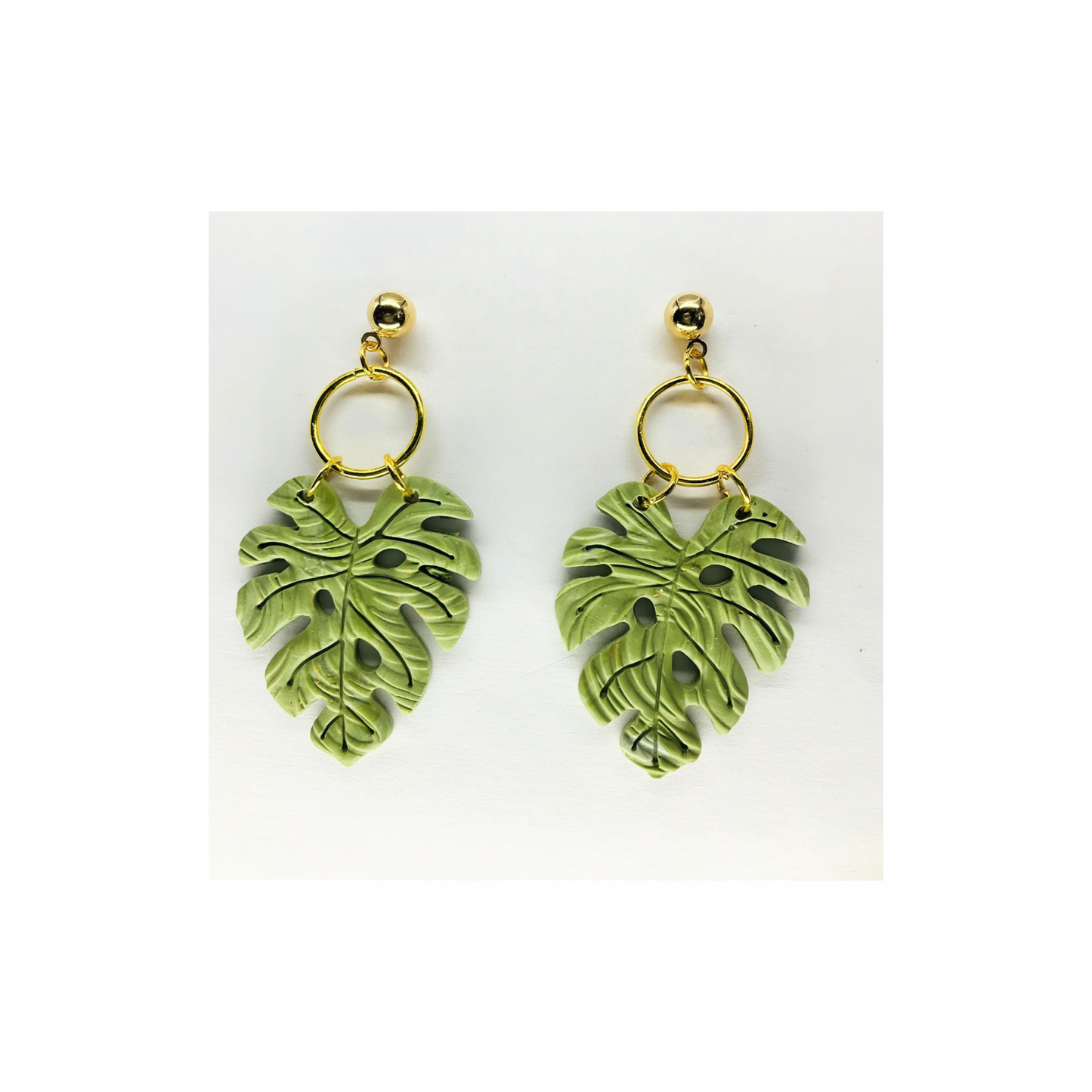 Green Leaf Dangle with Gold Ball Stud Earring-Crafting By BB