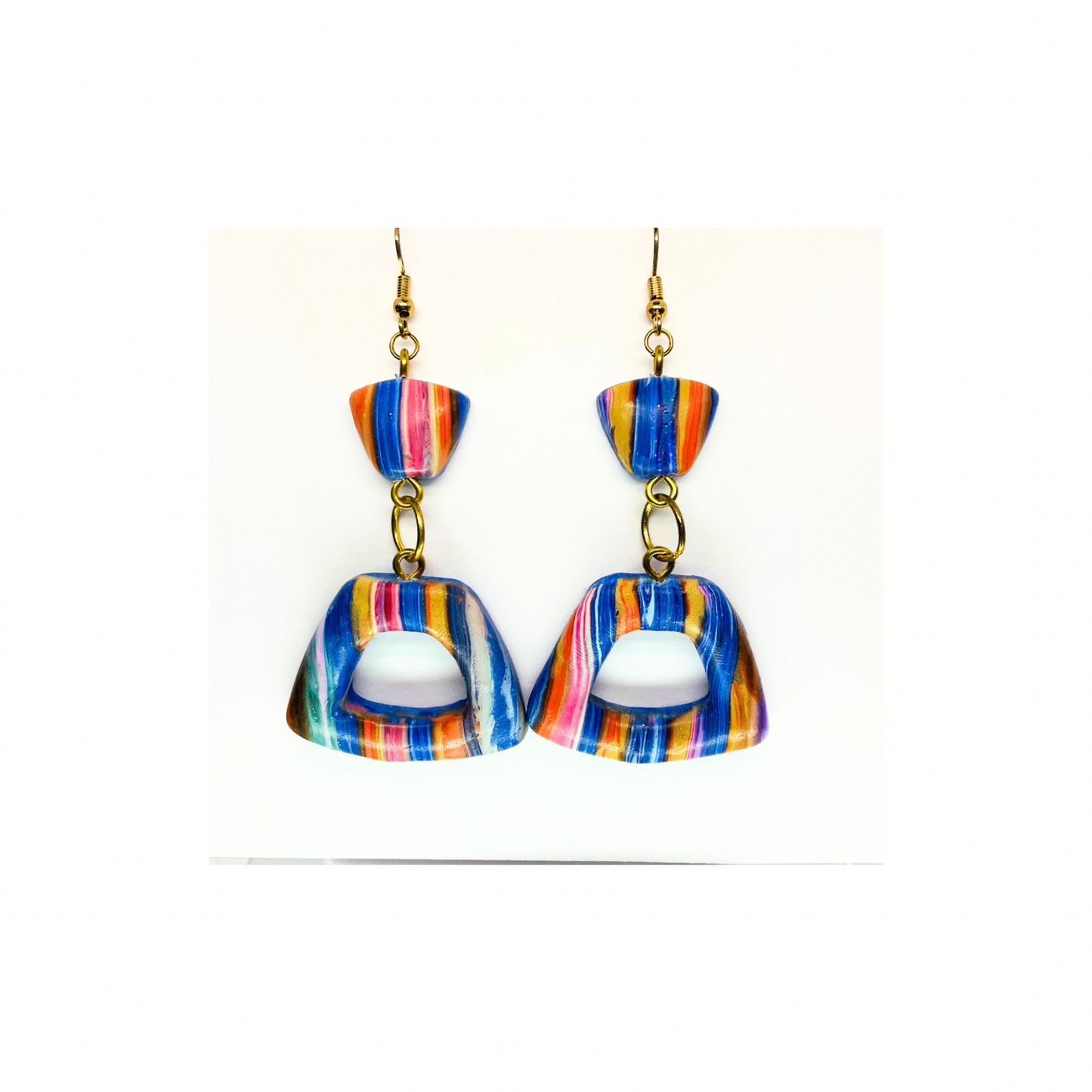 Striped Pinks and Blues Dangle Earrings - Colorful Striped Design with Gold Hooks
