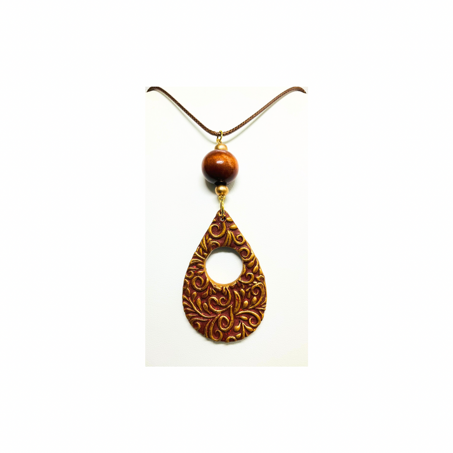 Sienna and Gold Teardrop Pendant with Beads on 18-inch PU Leather Necklace - Elegant Design Jewelry