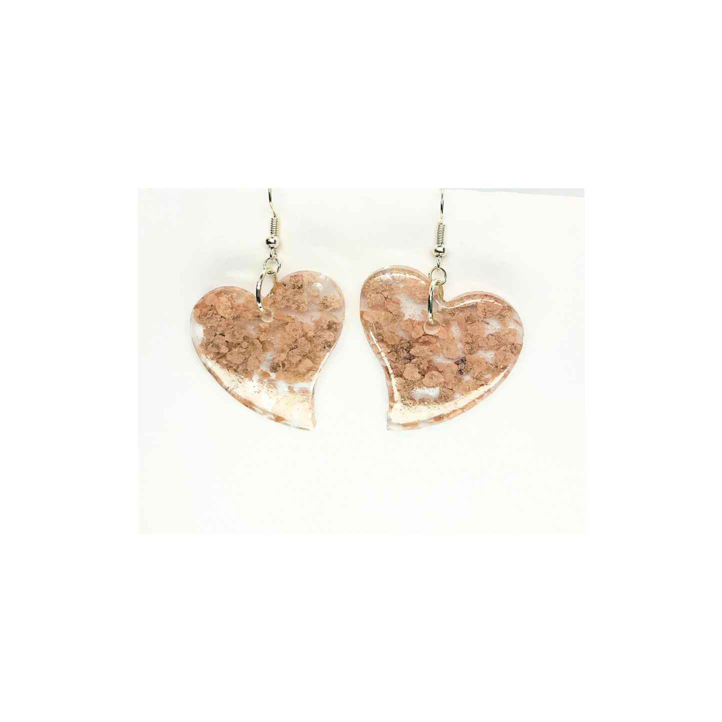 Handmade Light Pink Heart Earrings Clear Resin & Flakes Dangle Style Silver Hook Unique Handcrafted Jewelry