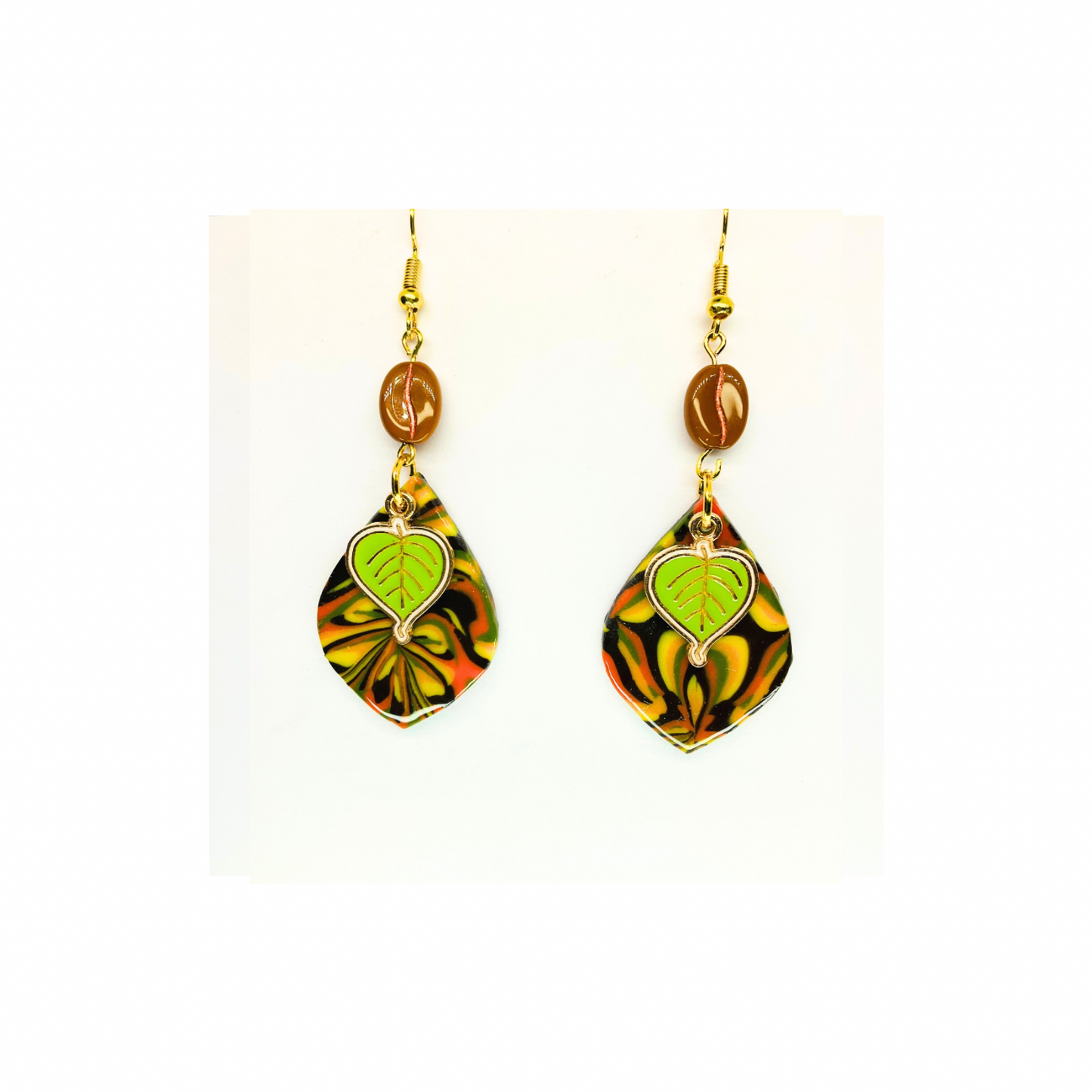 Fall Collection Green Leaf Charm Dangle Earrings with Colorful Leaf Design and Gold-Tone Hooks