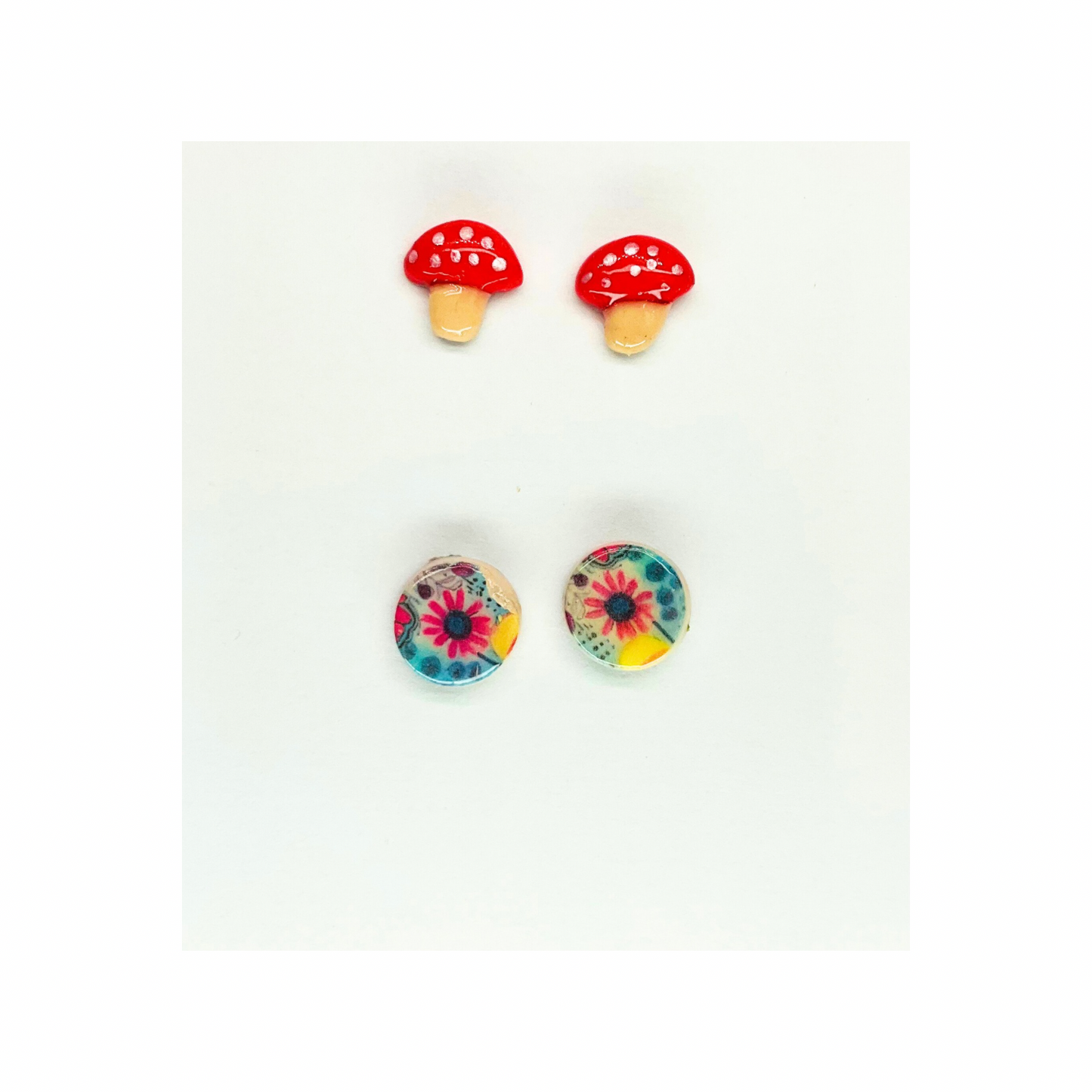 Fall Collection Mushroom and Flower Stud Earrings - Red and White Design
