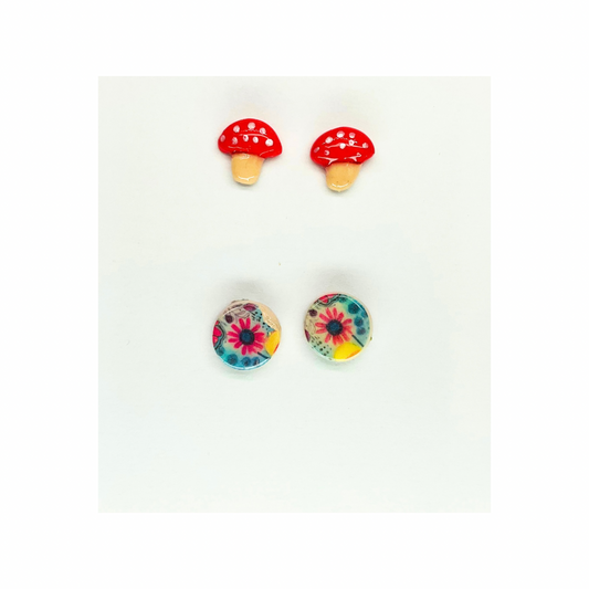 Fall Collection Mushroom and Flower Stud Earrings - Red and White Design
