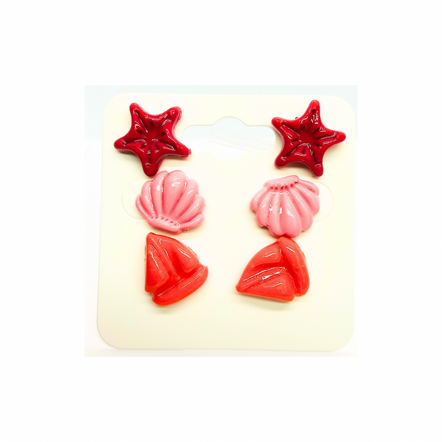 Mermaid Collection Pink Starfish, Light Pink Shell, Orange Sailboat Stud Earrings