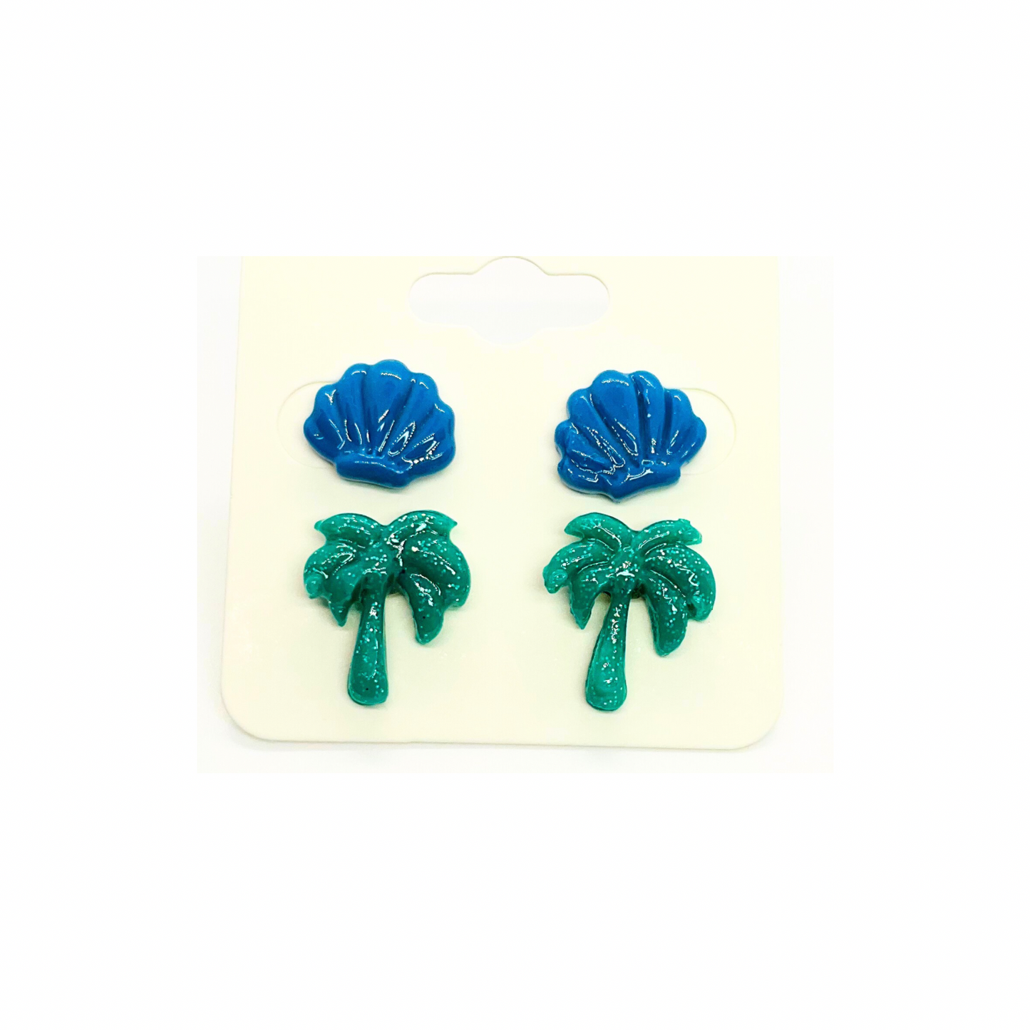 Ocean Collection Blue Shells & Green Palm Tree Stud Earrings - Unique Design Jewelry for Women