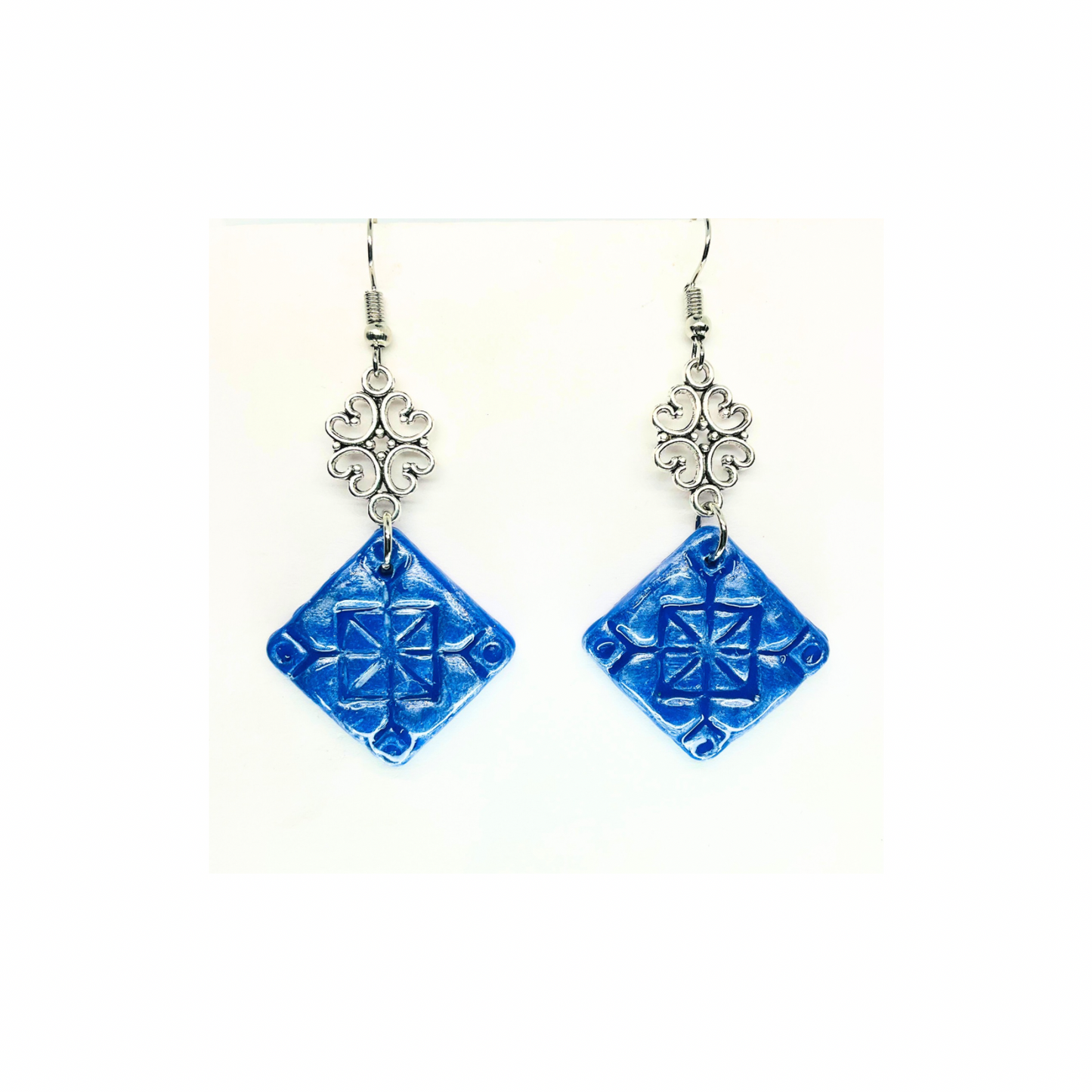 Blue Tile 130 with Silver Charm Dangle Earrings - Blue Square Design & Silver Charm Accents