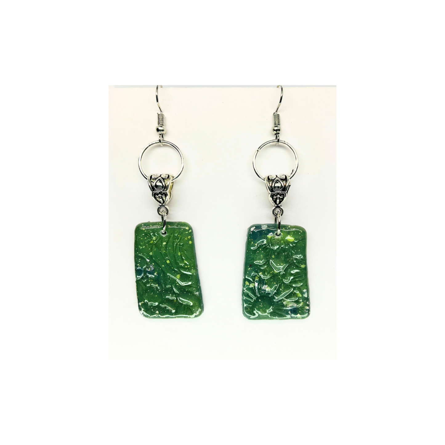 Jade Green Color with Silver Circle Dangle Earring - Simple Design Earrings Featuring a Rectangular Shape and Silver Circle Accent