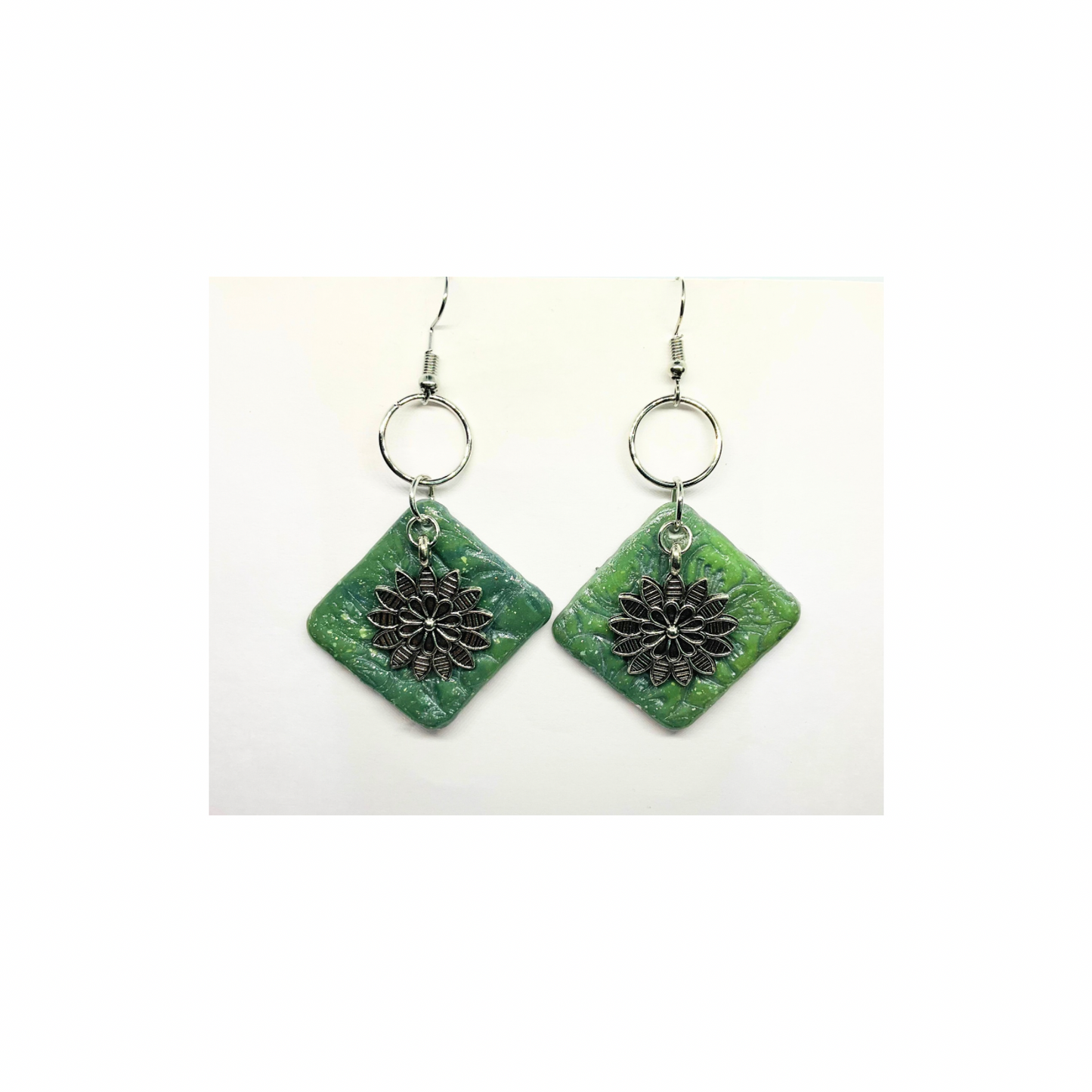 Jade Green Color Square with Silver Flower Charm Dangle Earrings Unique Design Jewelry Accessory for Female