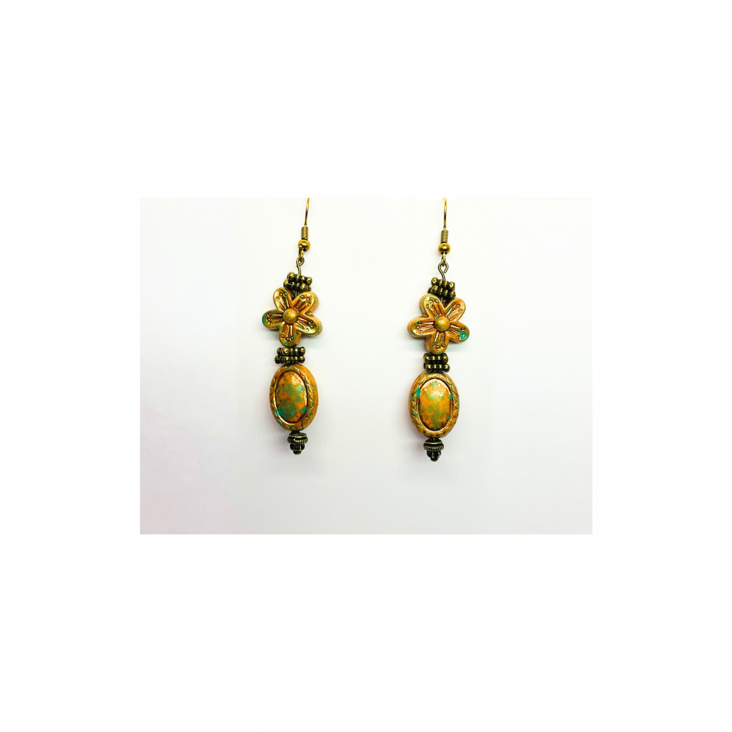 Gold Patina Czech Acrylic Blossom Beaded Earrings