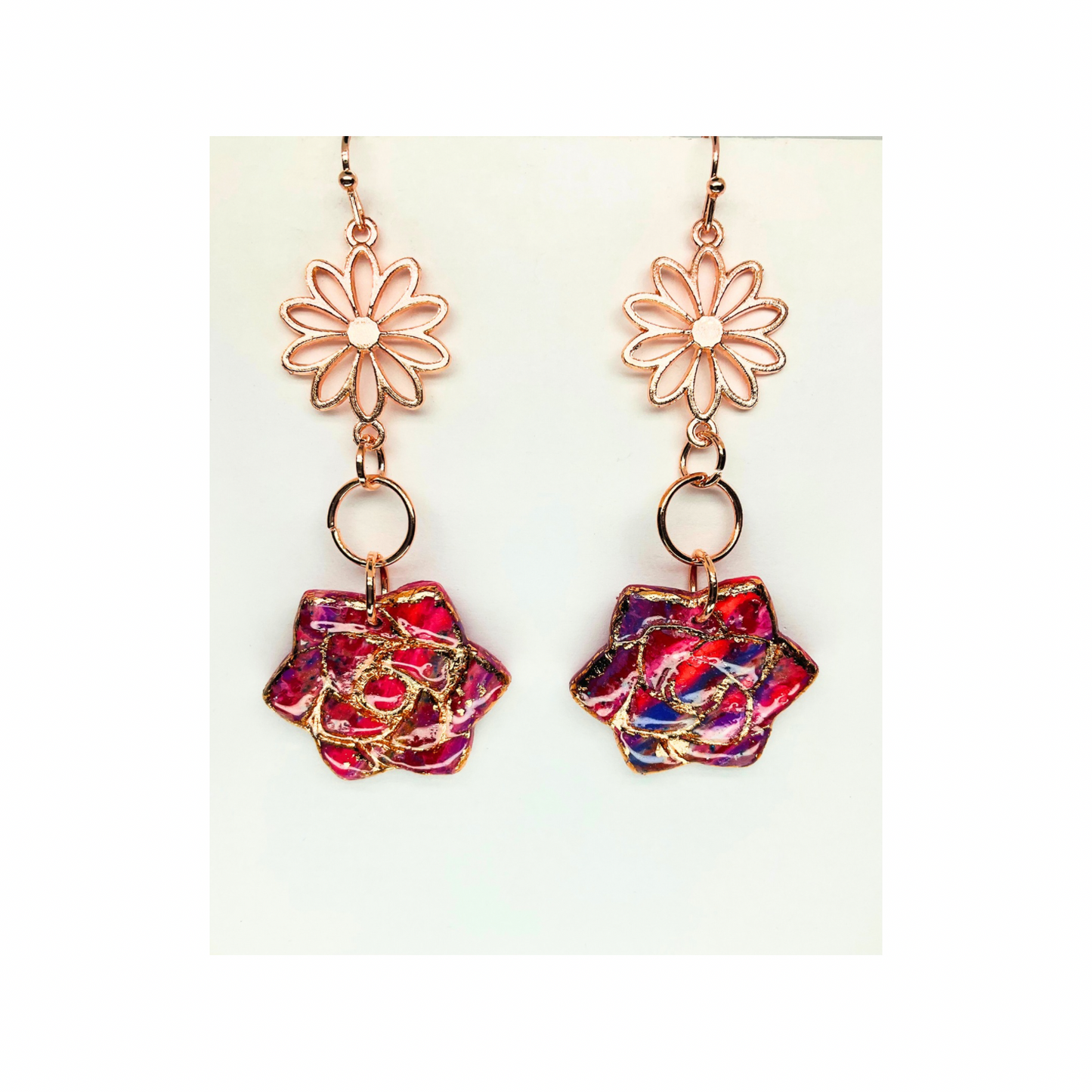 Rose Gold Collection Rose Shape Dangle Earrings with Colorful Floral Design and Elegant Daisy Top