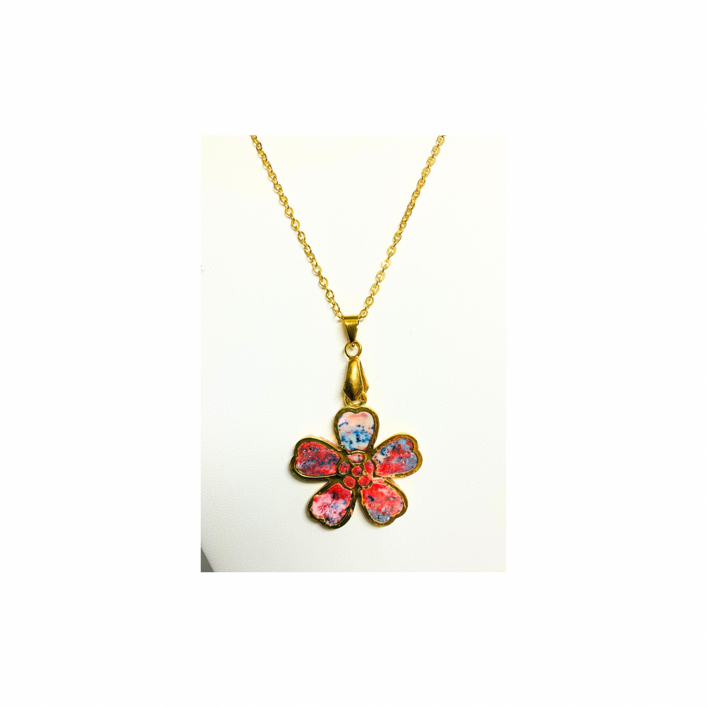 Tie Dye Gold Flower Pendant Necklace in Polymer Clay with 18-Inch Chain - Unique & Quality Crafted Jewelry