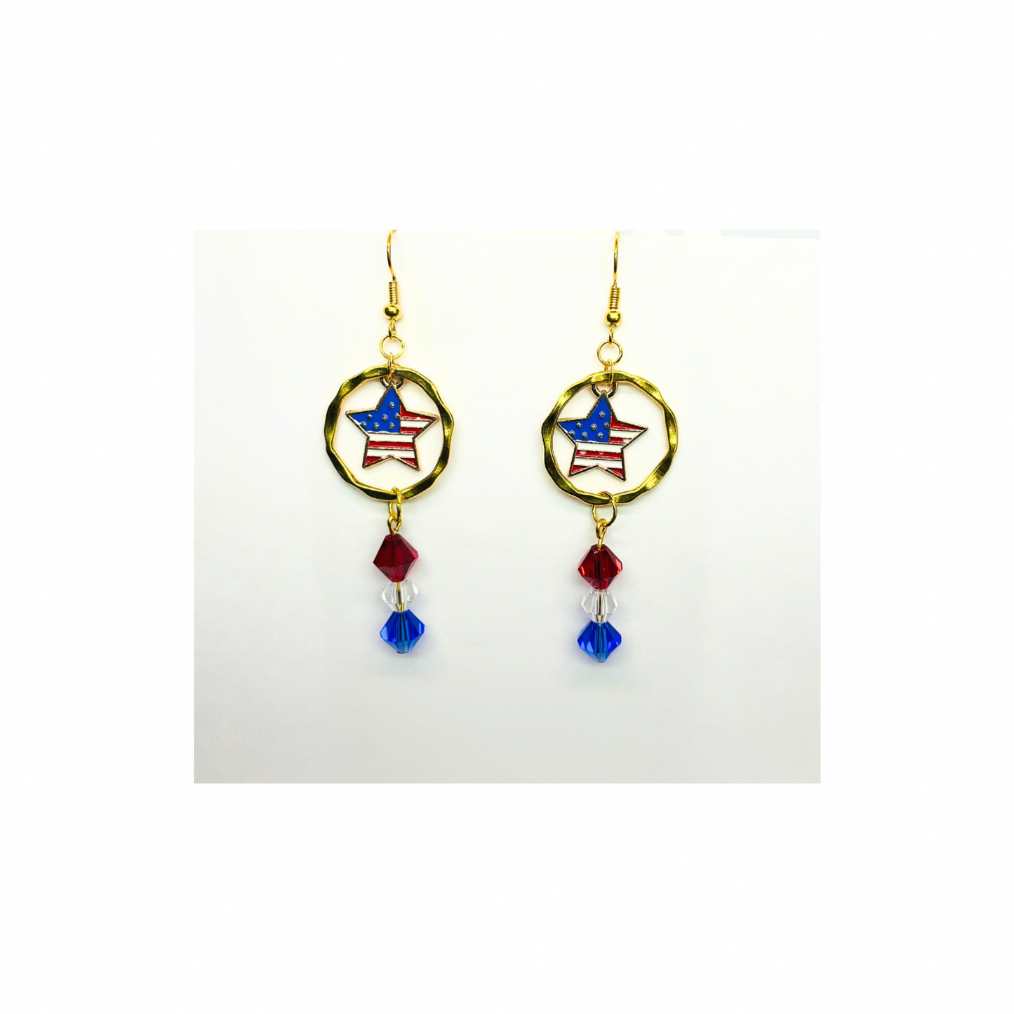 Patriotic Collection Star Flag Charm with Bead Dangle Earrings for Women - Patriotic Accessory with Red Blue & Clear Bead