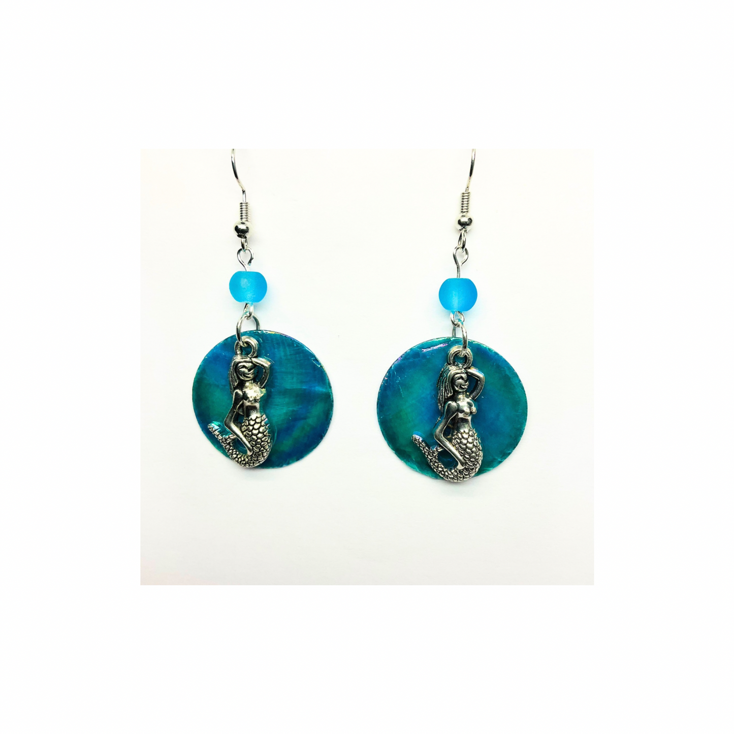 Ocean Collection Mermaid and Flat Shell Dangle Earring with Blue Bead Accent