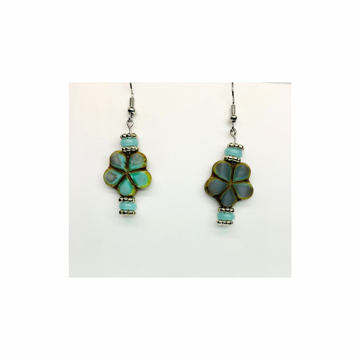 Porcelain Bead Collection with Flower Dangle Earrings - Elegant Design Featuring Teal and Silver Accents