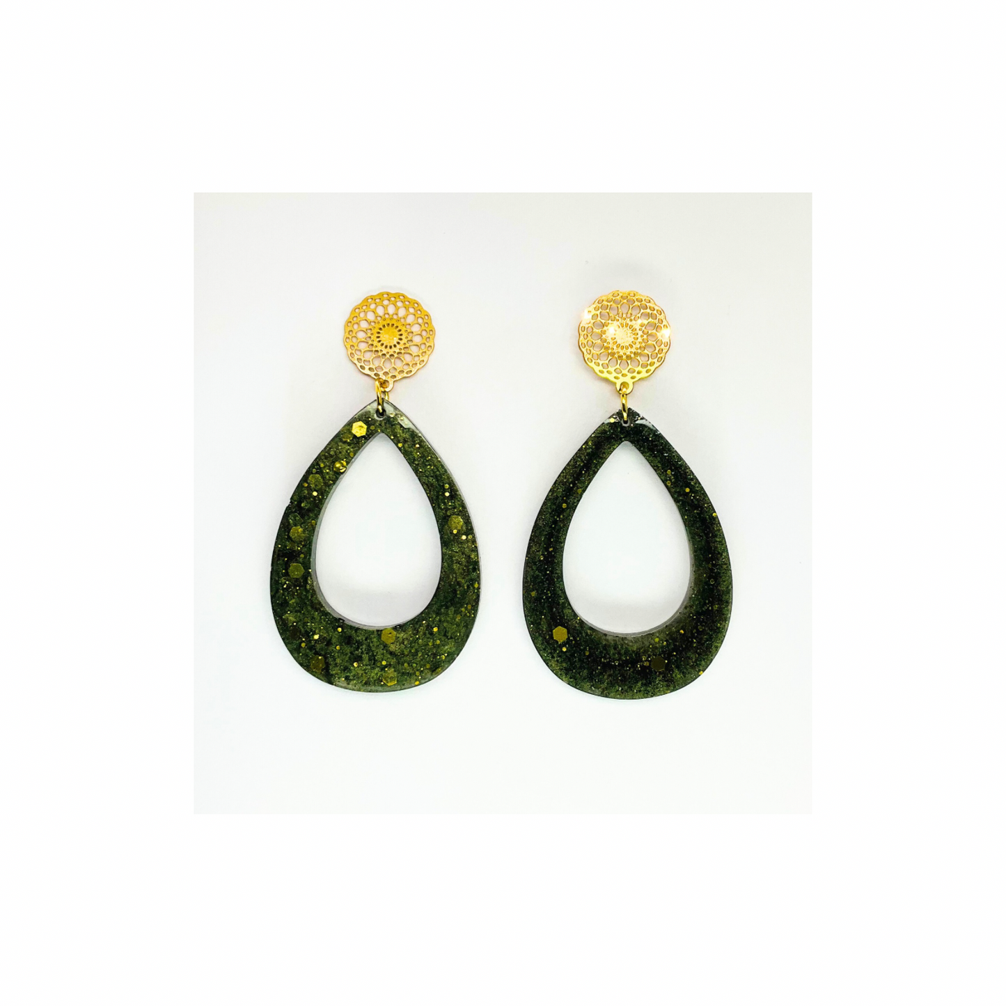 Hunter Green and Gold Sparkle Teardrop with Gold Filigree Stud Earrings - Elegant Teardrop Shape & Intricate Filigree Design