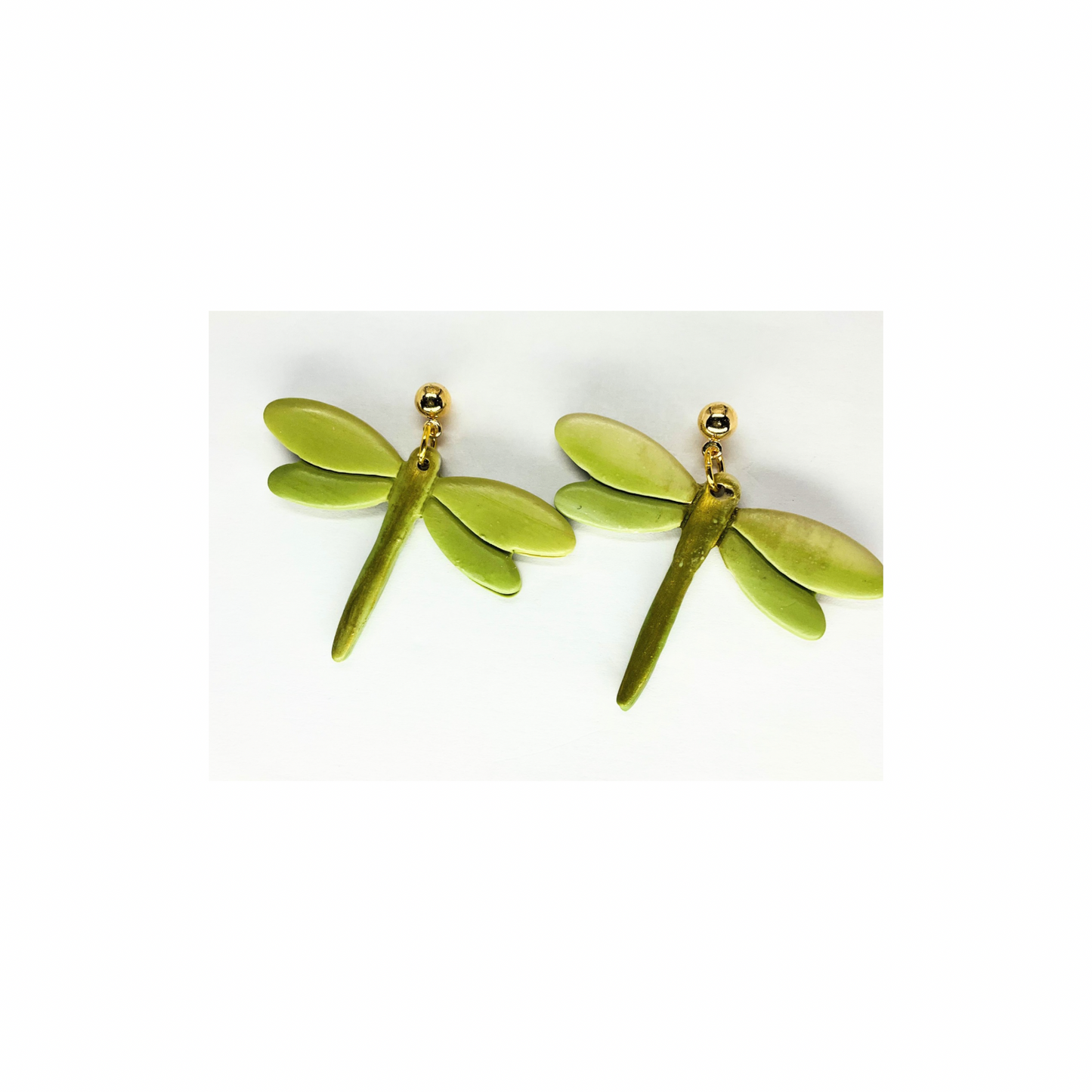 Green and Gold Variegated Dragonfly Dangle with Gold Ball Stud Earrings-Crafting By BB