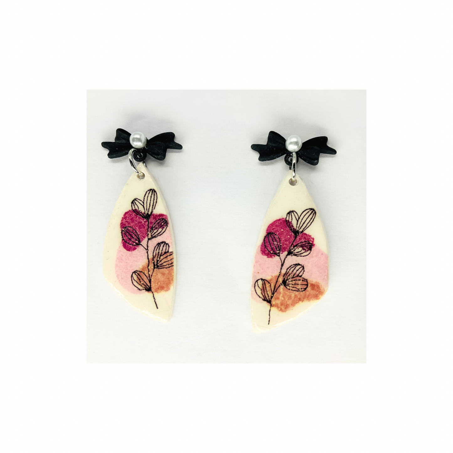 Flower Line Art Dangle with Black Pearl Bow Stud Earring-Crafting By BB