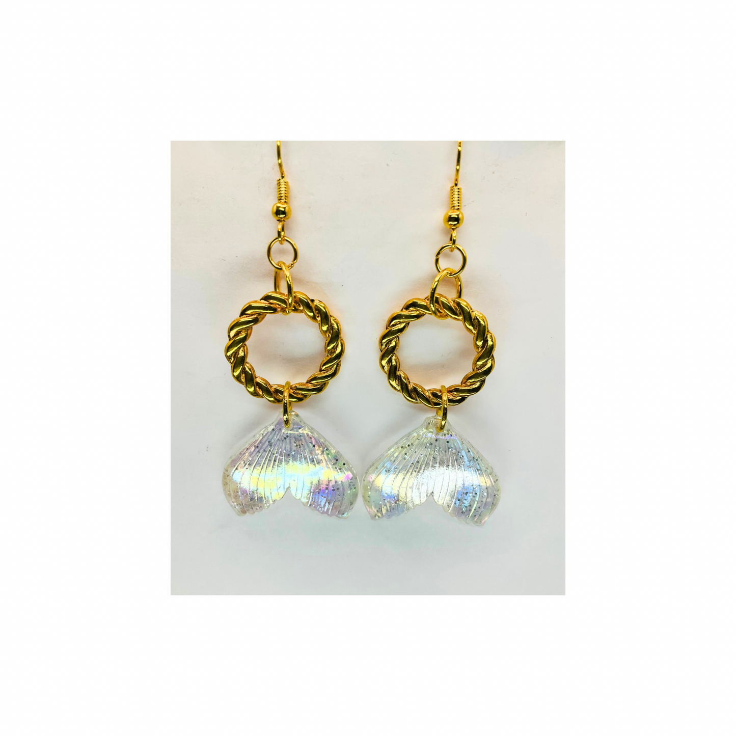 Mermaid Iridescent Tail Earrings with Gold Rope Circle Dangle