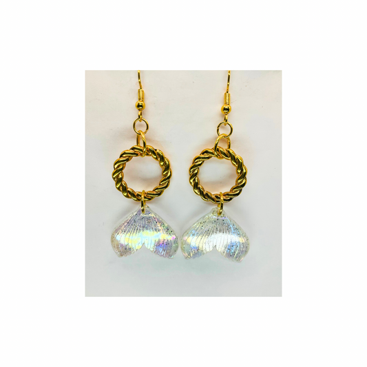 Mermaid Iridescent Tail Earrings with Gold Rope Circle Dangle
