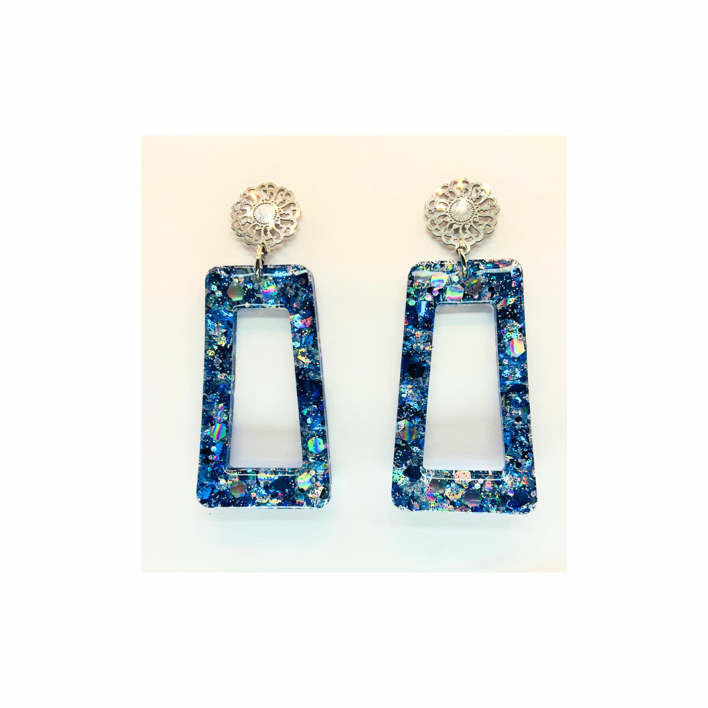 Blue Sparkle Drop with Filigree Stud Dangle Earrings