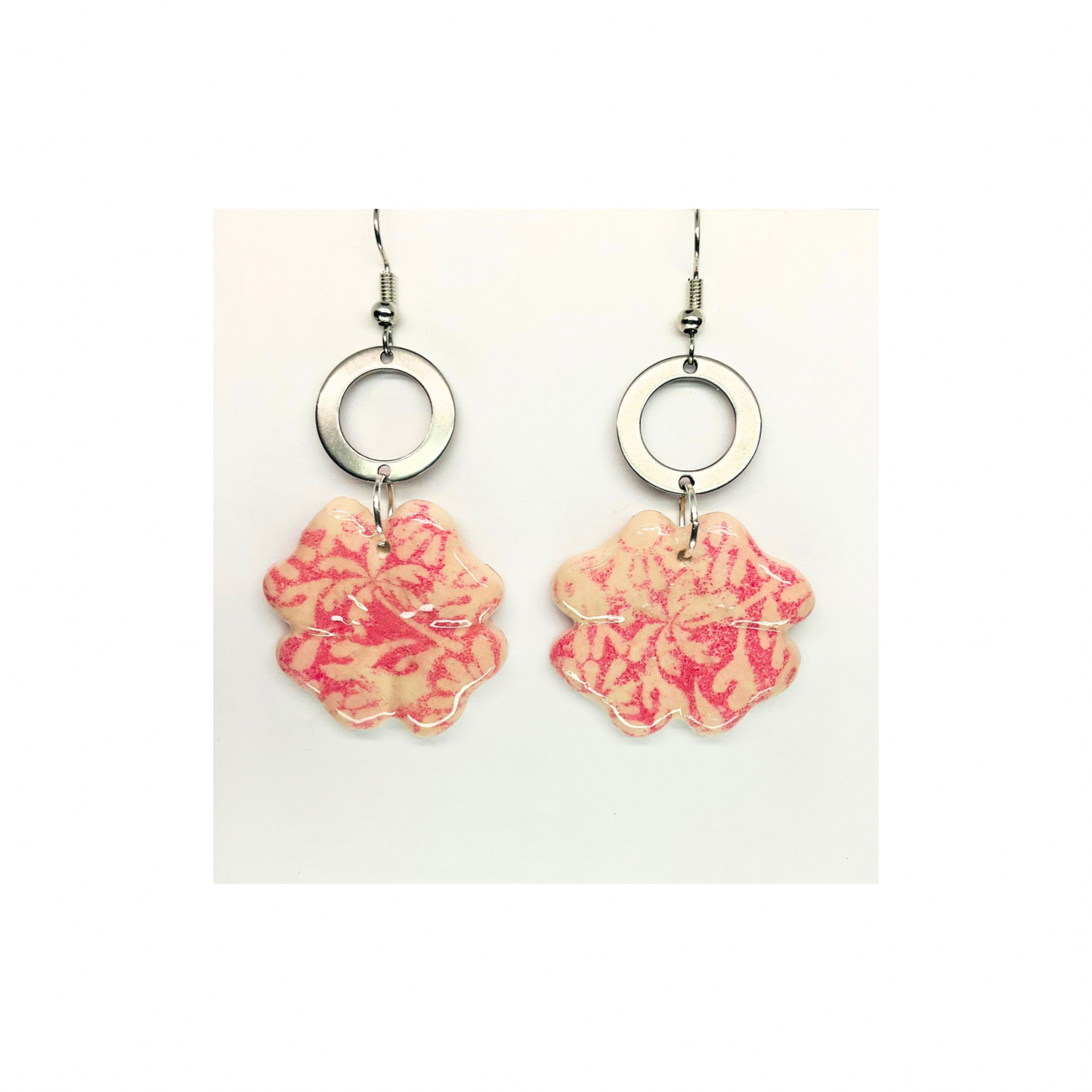 Beach Bloom Collection Pink Flower with Silver Circle Dangle Earring for Female FashionJewelry