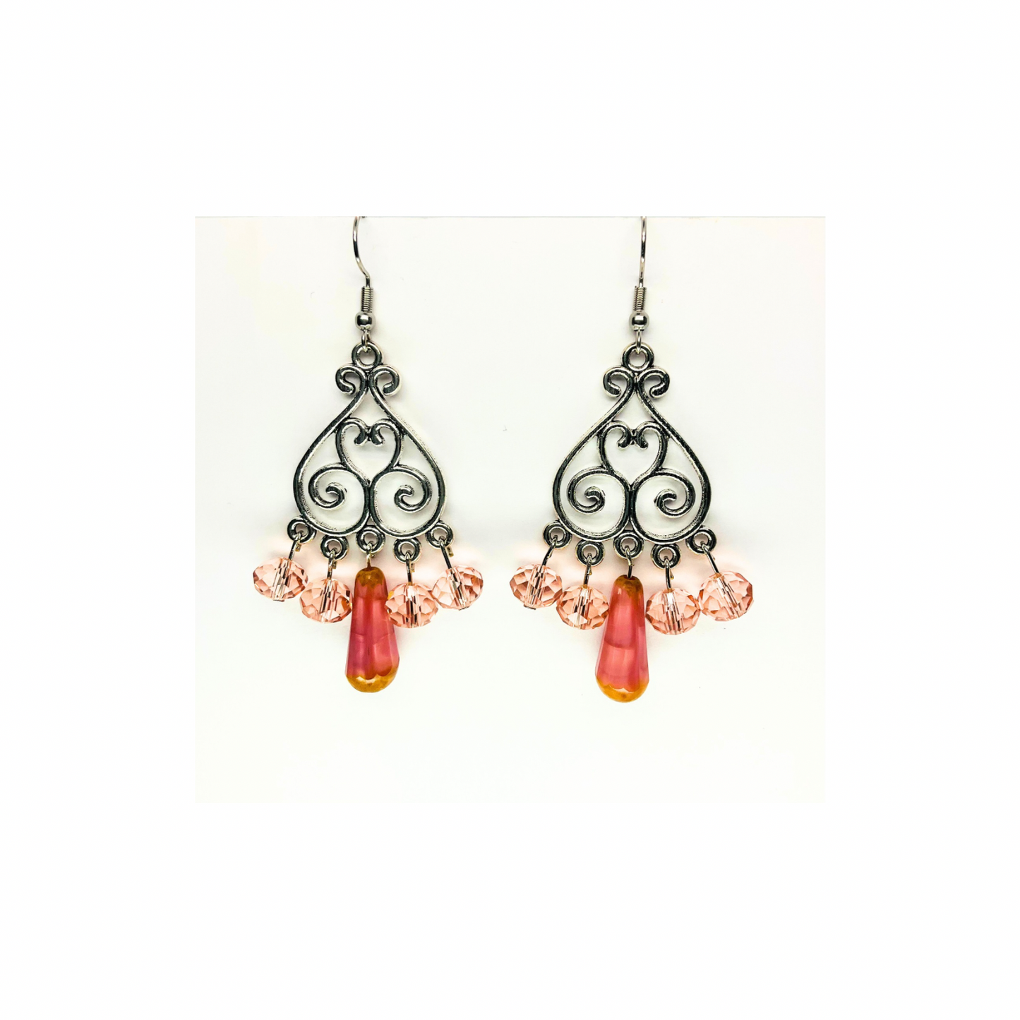 Crystal Chandelier Collection Teardrop Dangle Earrings with Pink and Orange Beads and Intricate Design