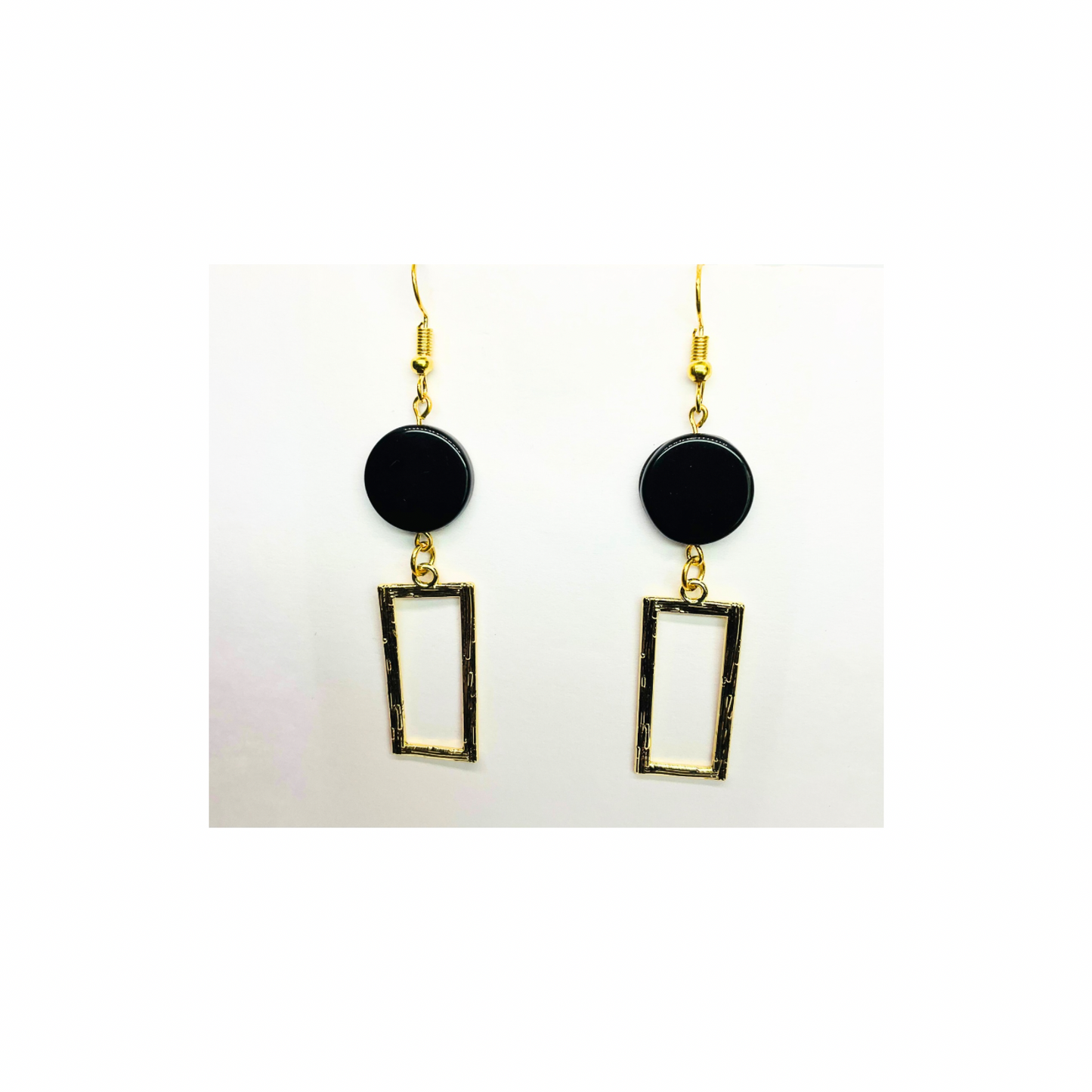 Eclipse Collection Black Button Gold Rectangle Dangle Earring with Unique Design Elements for Women's Fashion Jewelry