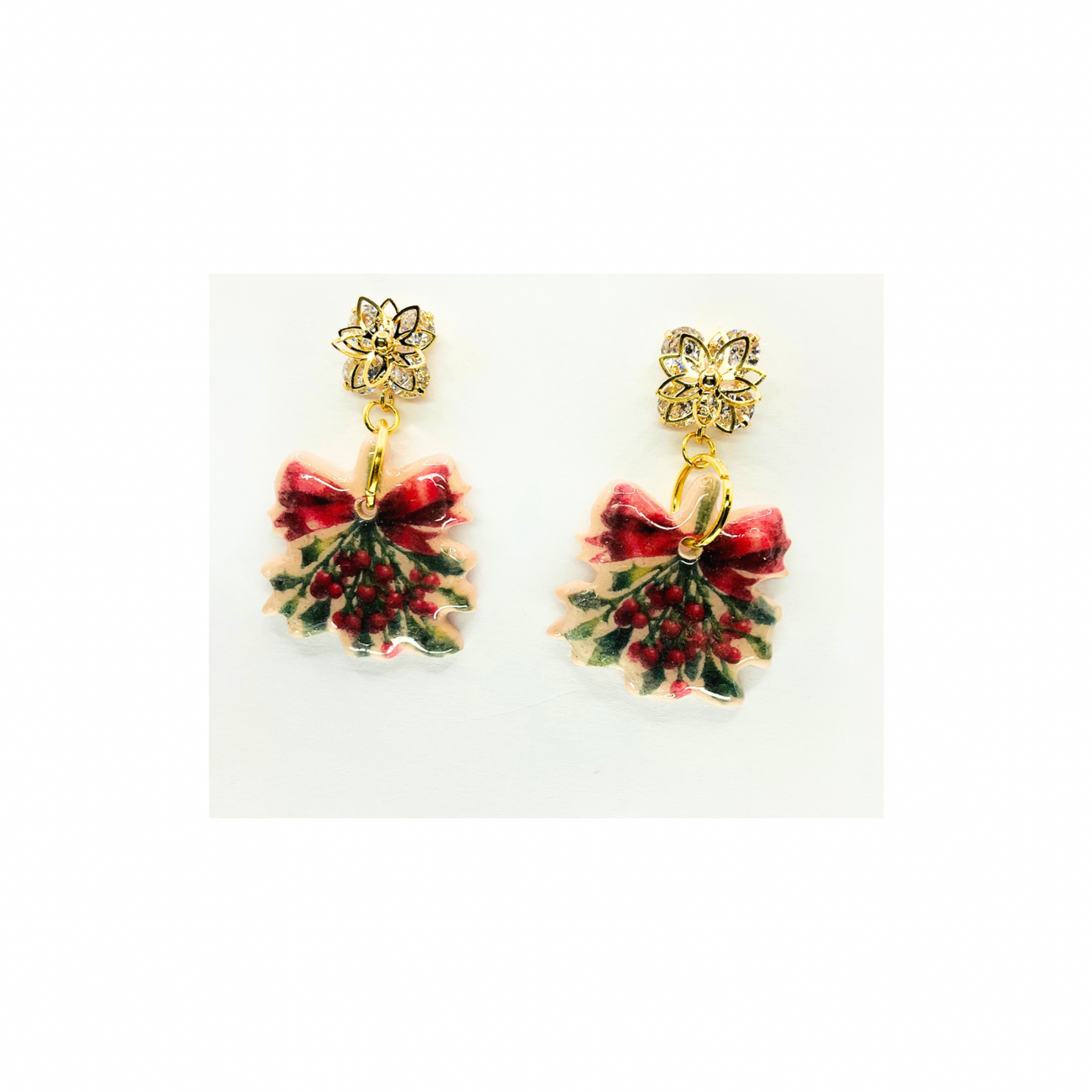 Christmas Holly Leaf with Rhinestone Star Dangle Earrings Festive Holiday Jewelry for Women