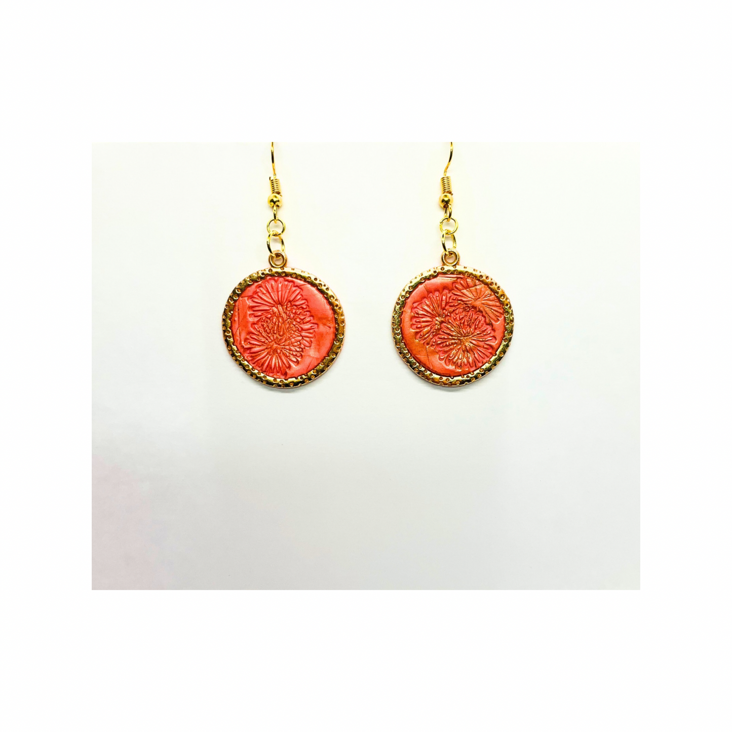 Coral Pink and Gold Round Dangle Earrings