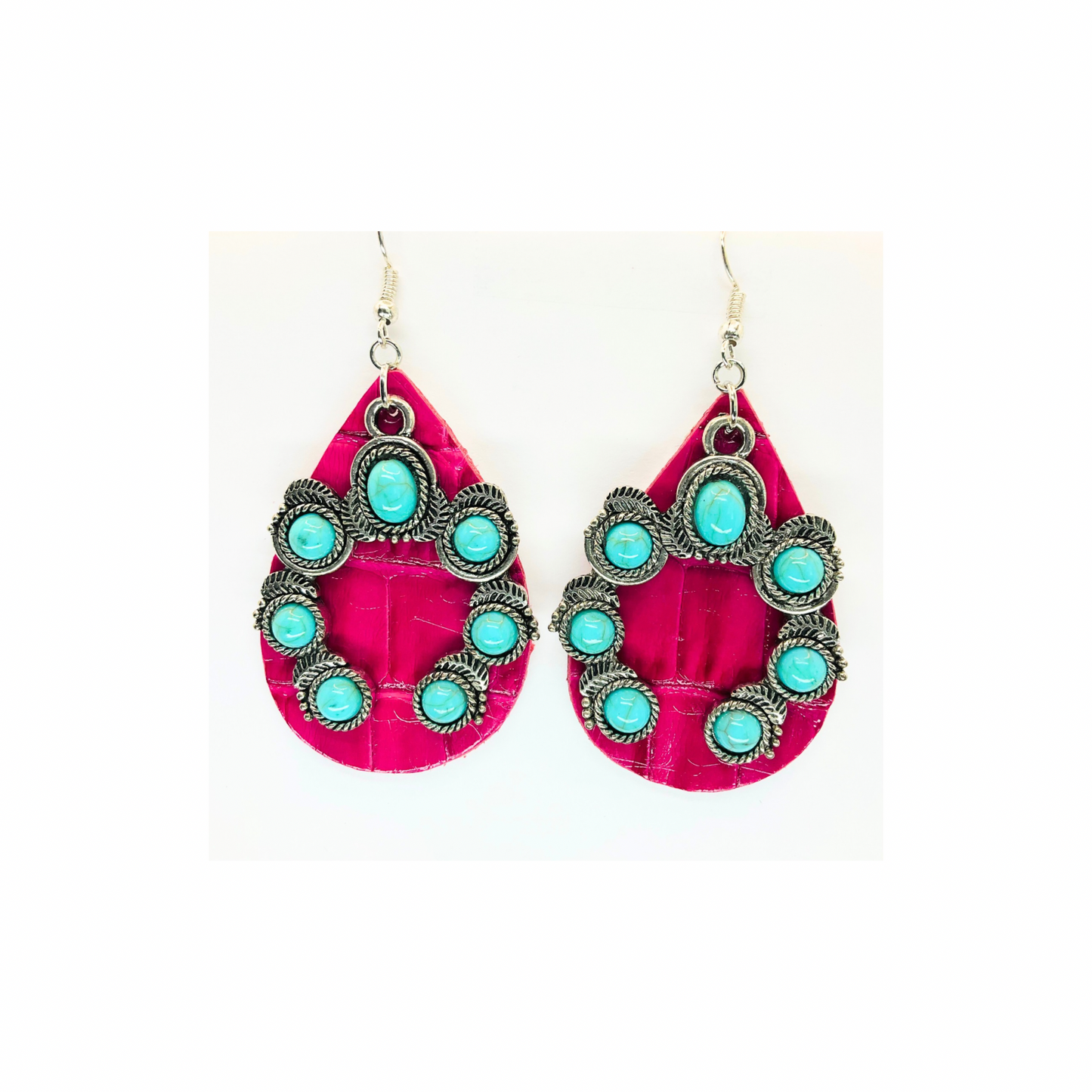 Hot Pink Leather Teardrop with Horseshoe Turquoise Shaped Charm Earrings-Crafting By BB