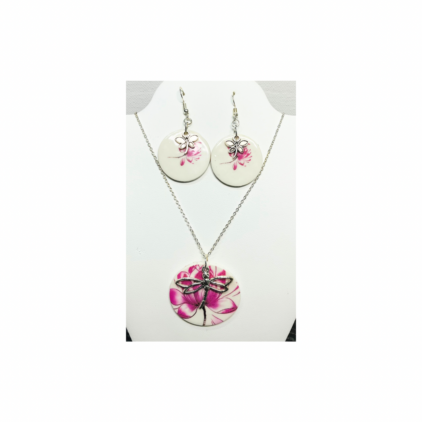 Lotus Flower Earrings and Pendant with Dragonfly Charms