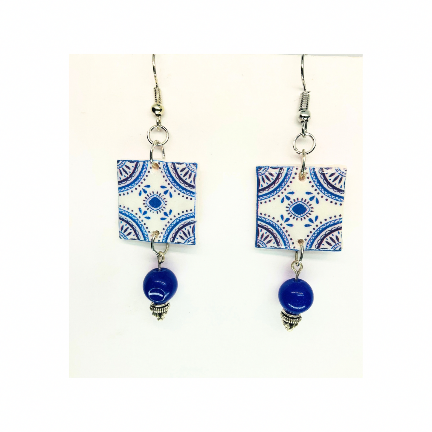 French Garden Collection Blue White Garden Tile Dangle Earring with Blue Bead Accents