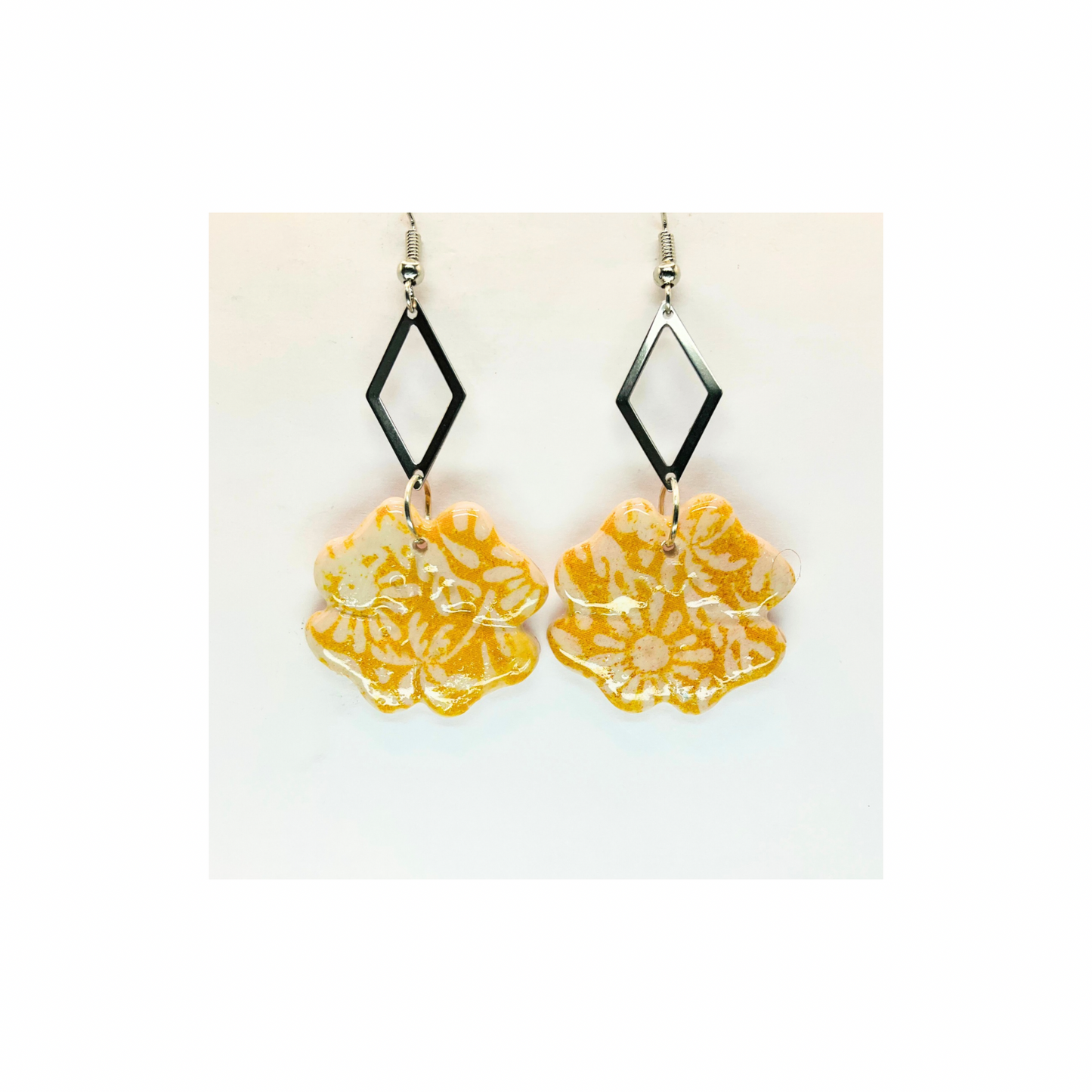 Beach Bloom Collection Yellow Four Corner Flower Dangle with Silver Diamond Embellishment Earrings