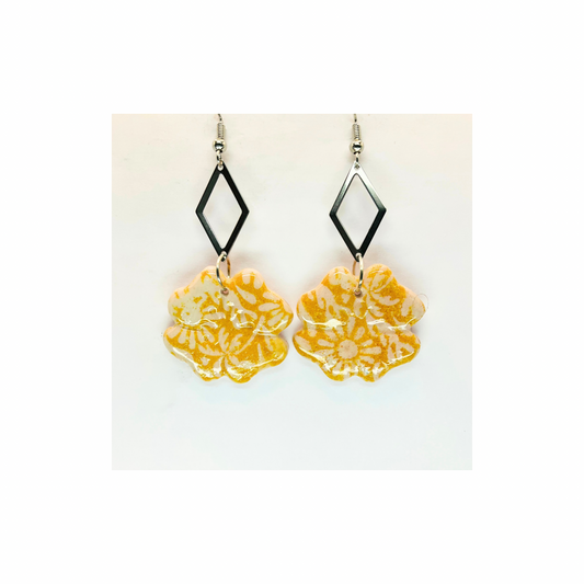 Beach Bloom Collection Yellow Four Corner Flower Dangle with Silver Diamond Embellishment Earrings