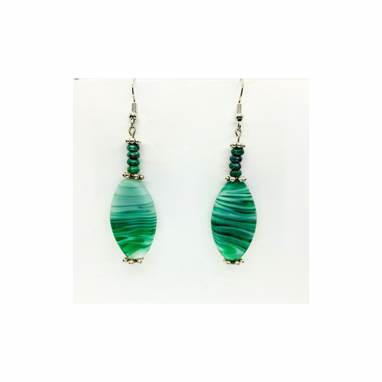 Green Glass Barrel Bead Dangles with Silver Details